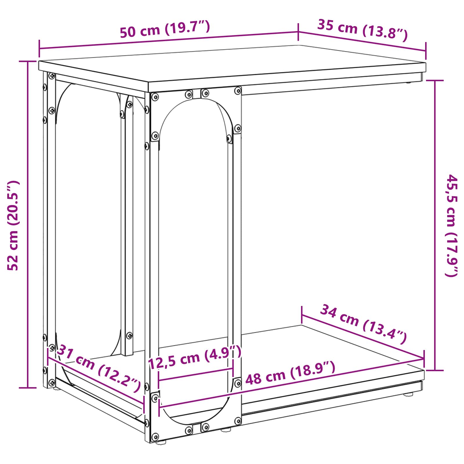 Beistelltisch Schwarz Eichen-Optik 50 x 35 x 52 cm