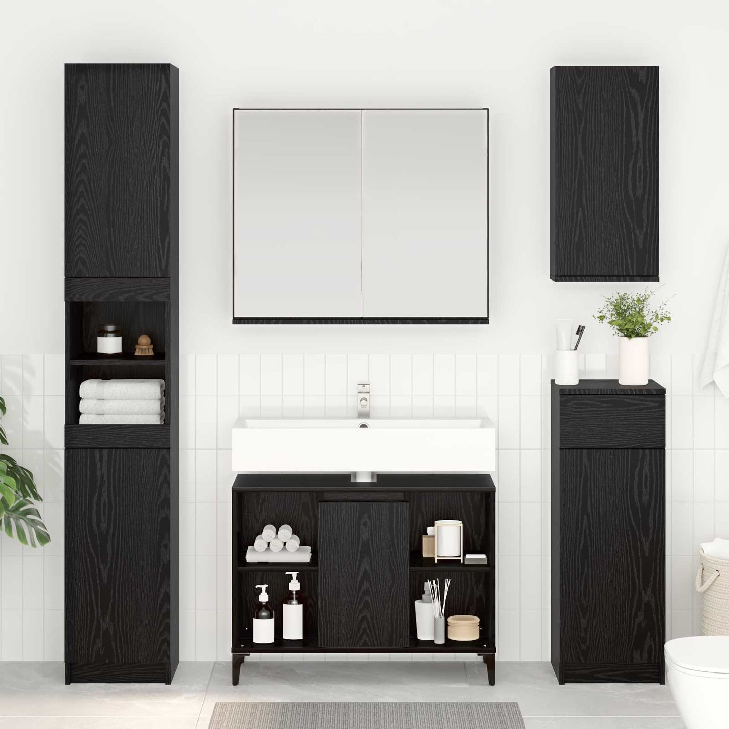 Waschbeckenunterschrank Schwarz Eichen-Optik 80 x 33 x 60 cm