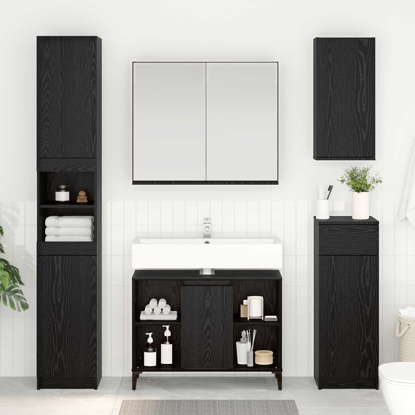 Waschbeckenunterschrank Schwarz Eichen-Optik 80 x 33 x 60 cm