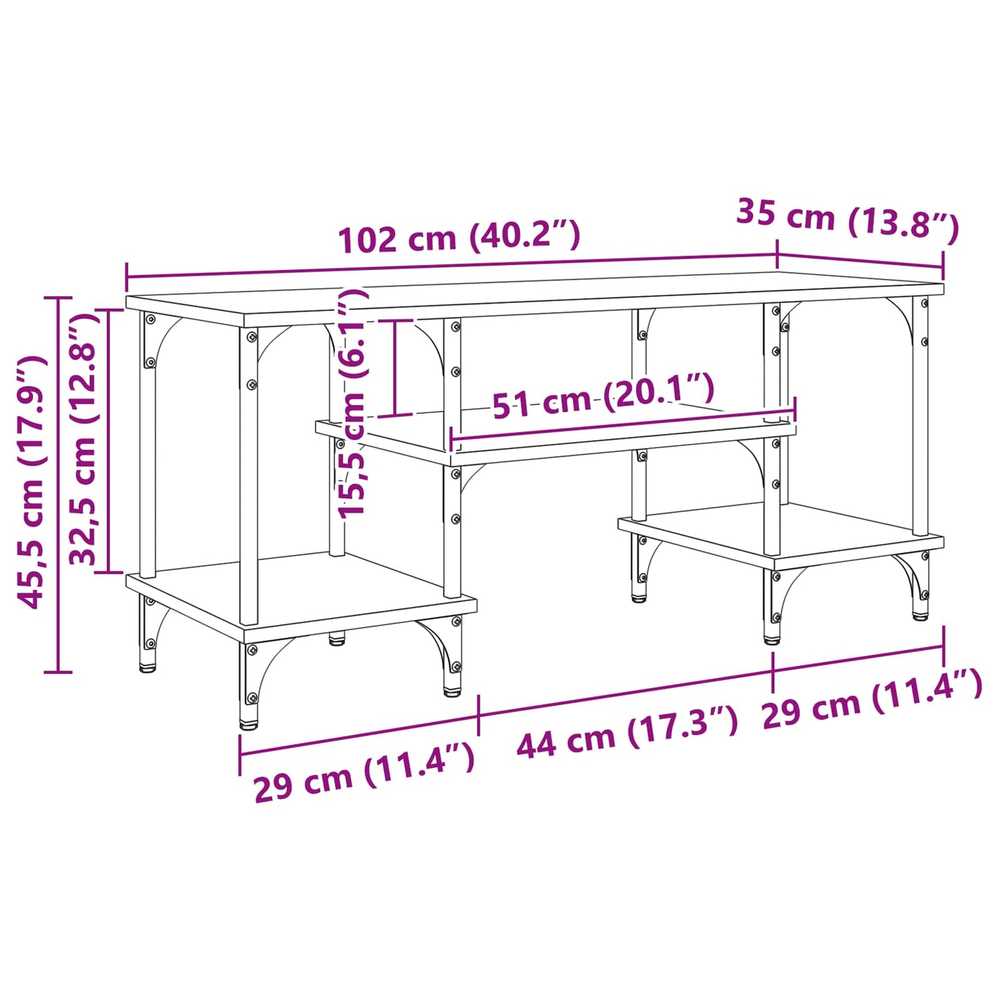 TV-Schränk Schwarz Eichen-Optik 102 x 35 x 45,5 cm