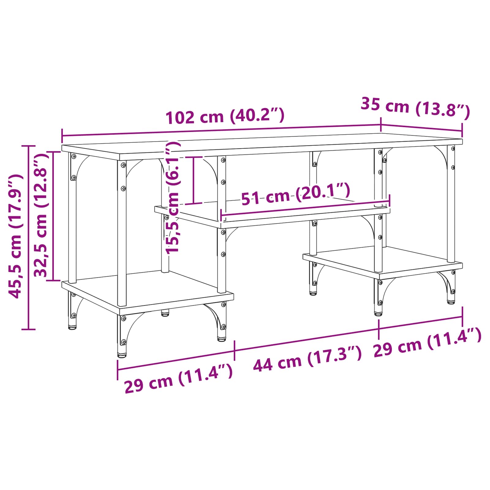 TV-Schränk Schwarz Eichen-Optik 102 x 35 x 45,5 cm