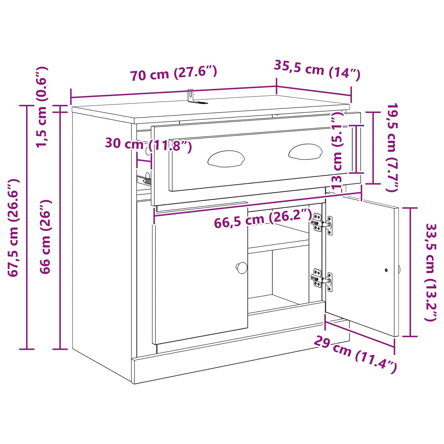 Highboard Schwarz Eichen-Optik 70 x 35,5 x 67,5 cm