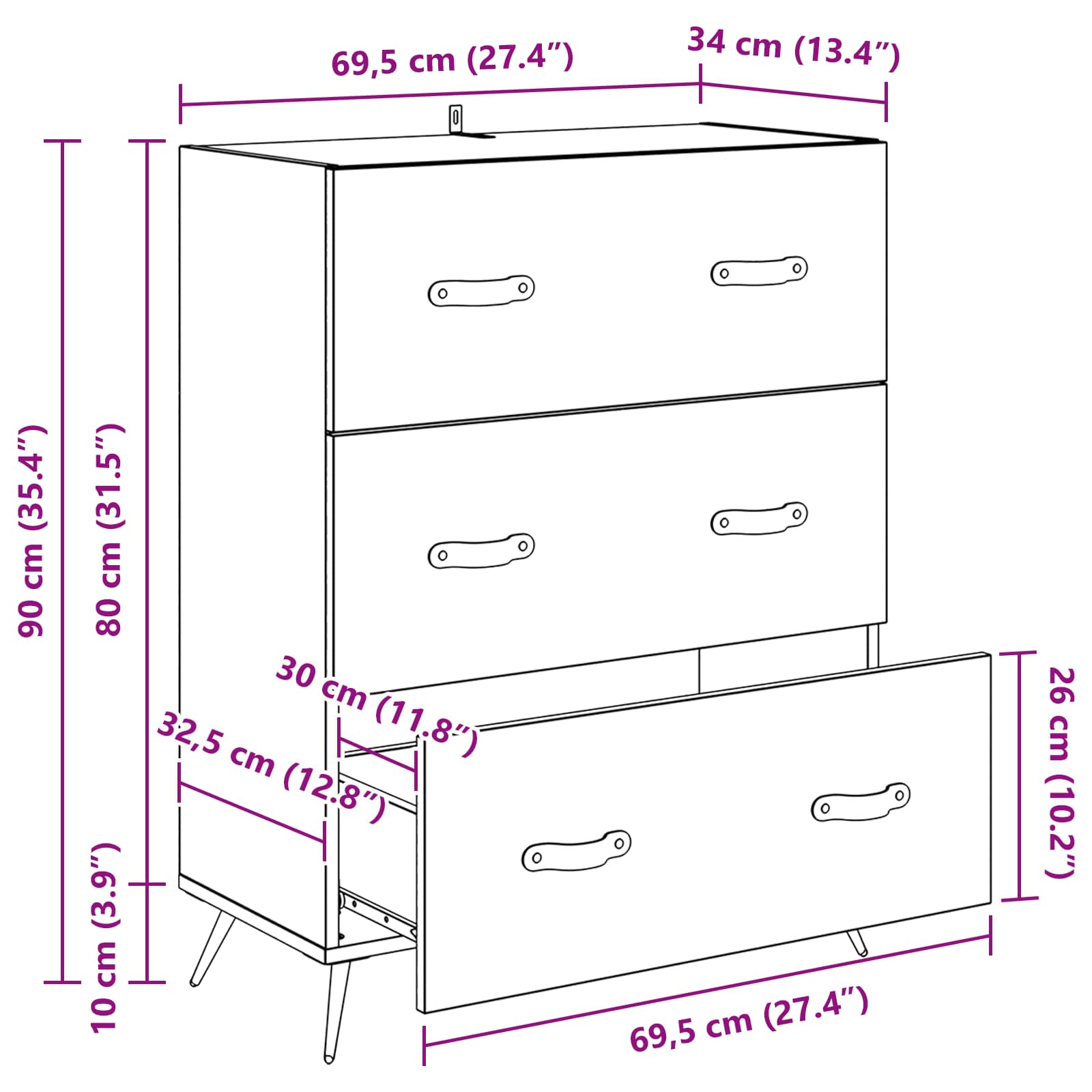 Kommode mit Schubladen Altholz 69,5 x 34 x 90 cm Holzwerkstoff