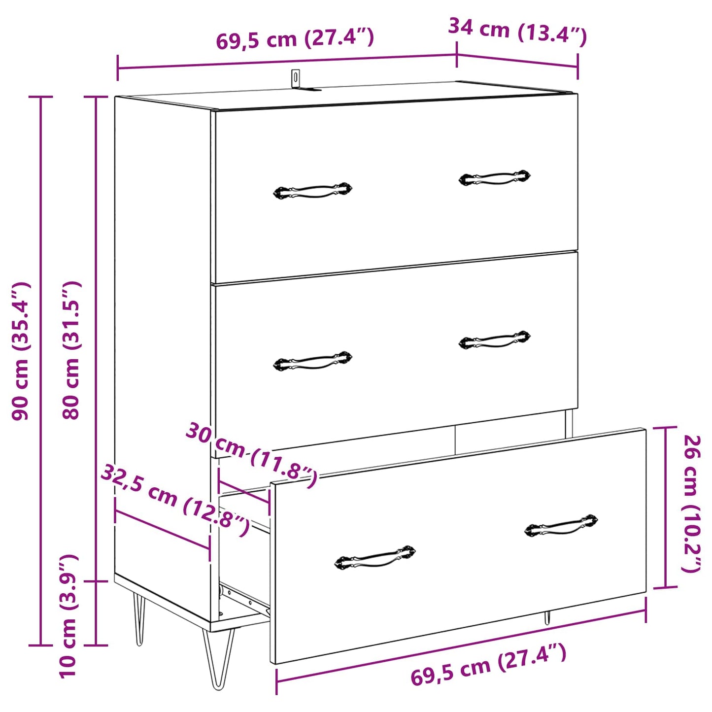 Sideboard Artisan-Eiche 69,5 x 34 x 90 cm Verbundholz und Eisen