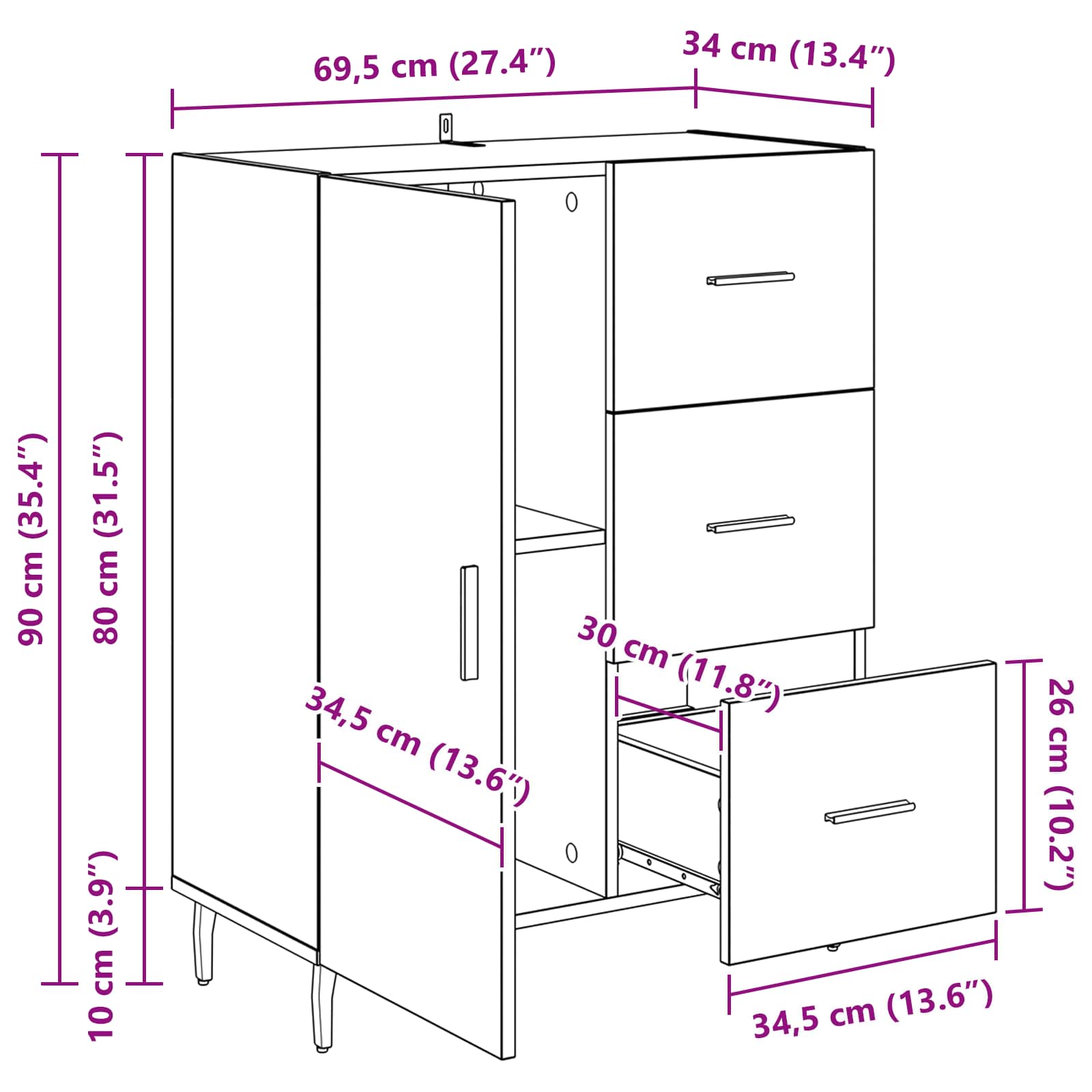 Sideboard Artisan-Eiche 69,5 x 34 x 90 cm Verbundholz und Eisen