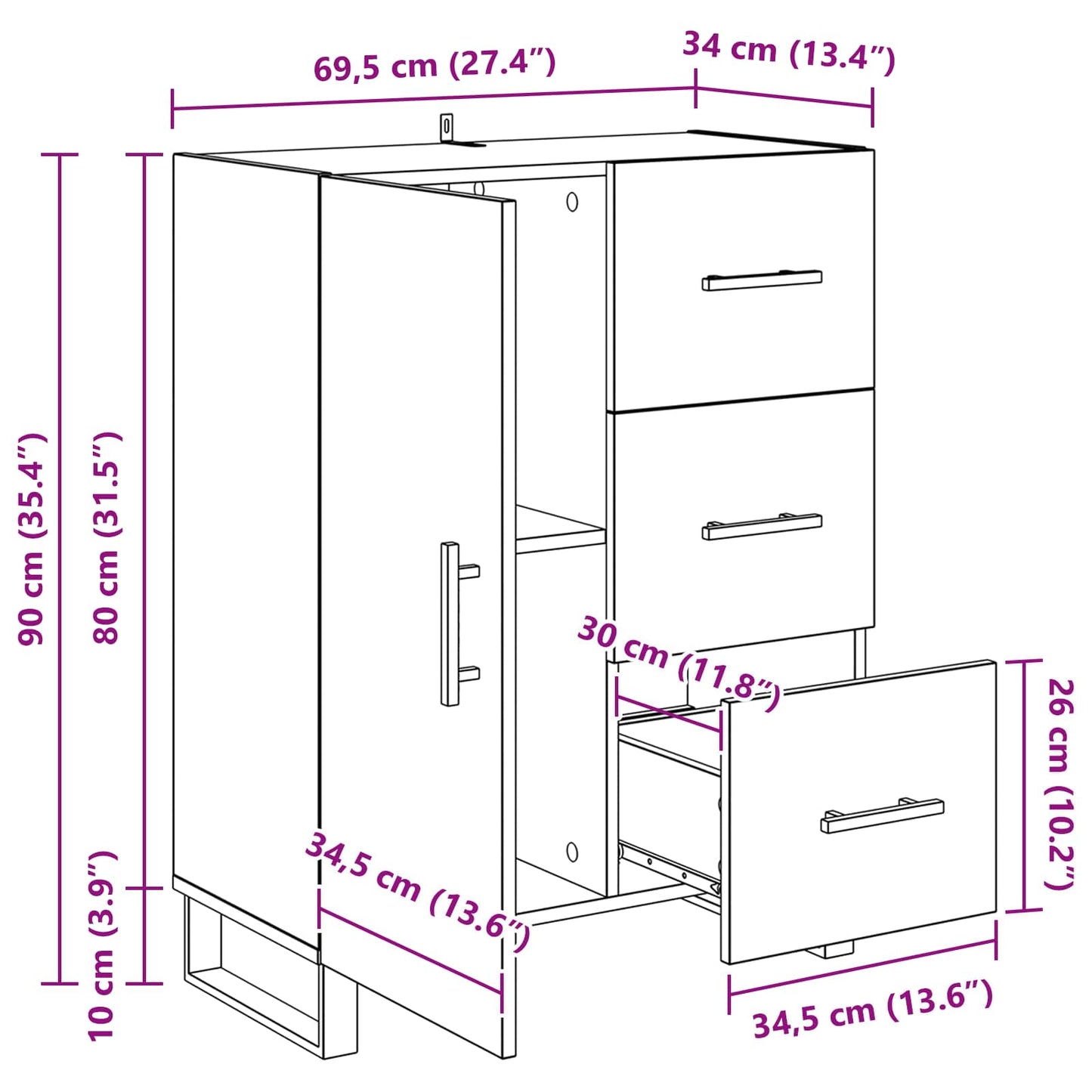 Sideboard mit Schubladen Schwarz Eichen-Optik 69,5 x 34 x 90 cm