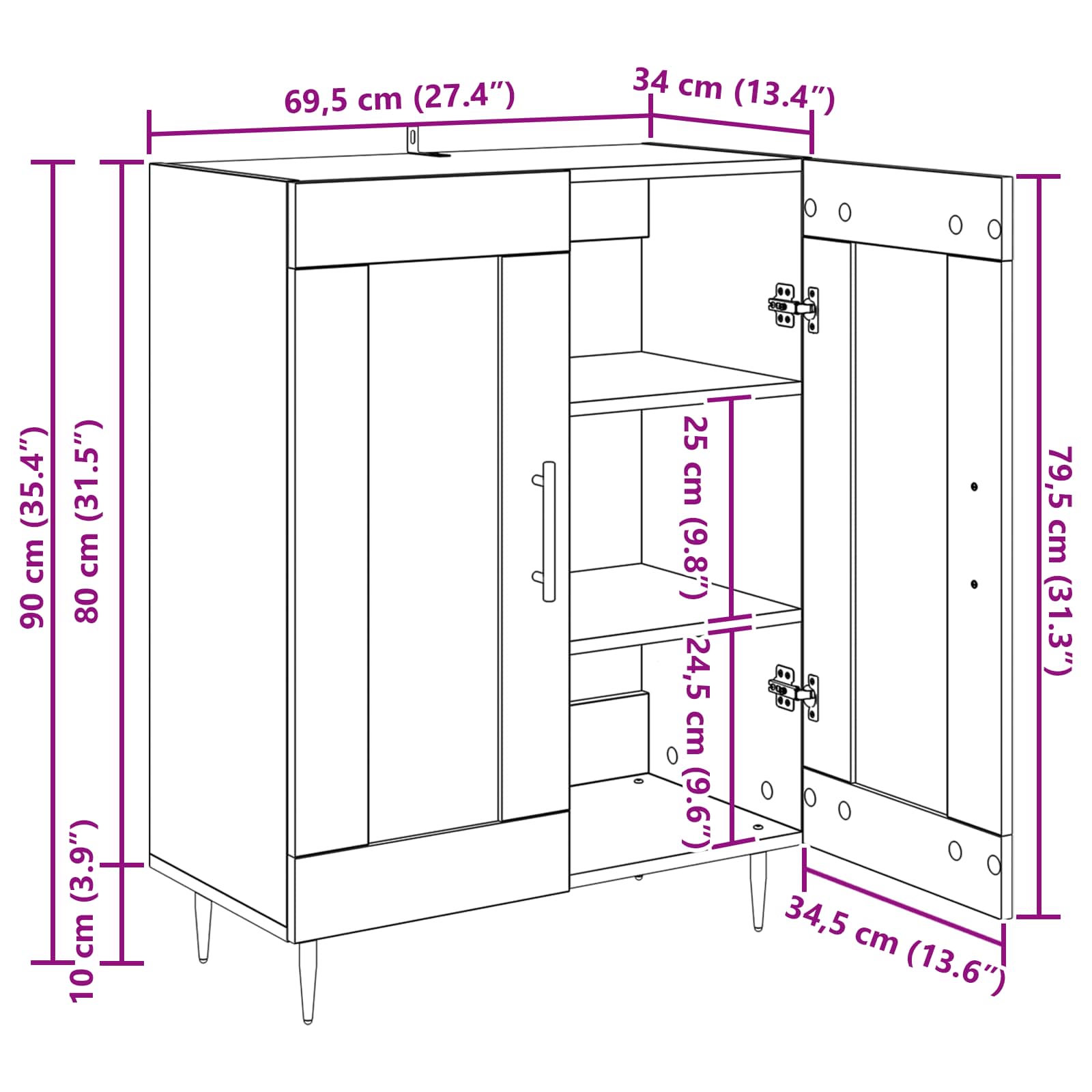 Sideboard Artisan-Eiche 69,5 x 34 x 90 cm Verbundholz und Eisen