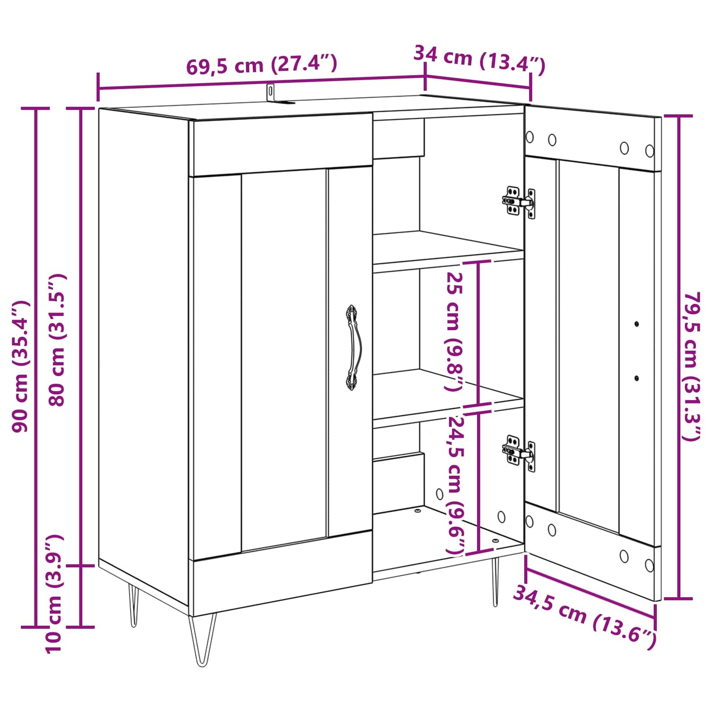 Sideboard Schwarz Eichen-Optik 69,5 x 34 x 90 cm
