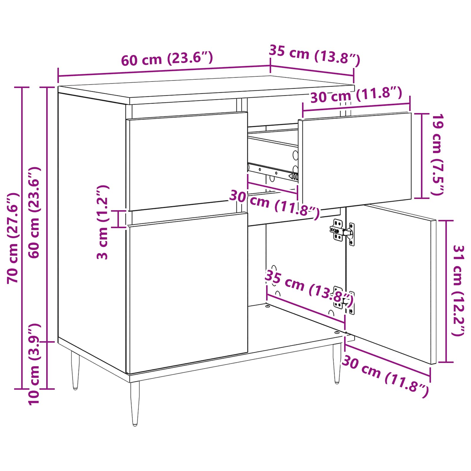 Sideboard mit Schubladen Schwarz Eichen-Optik 60 x 35 x 70 cm