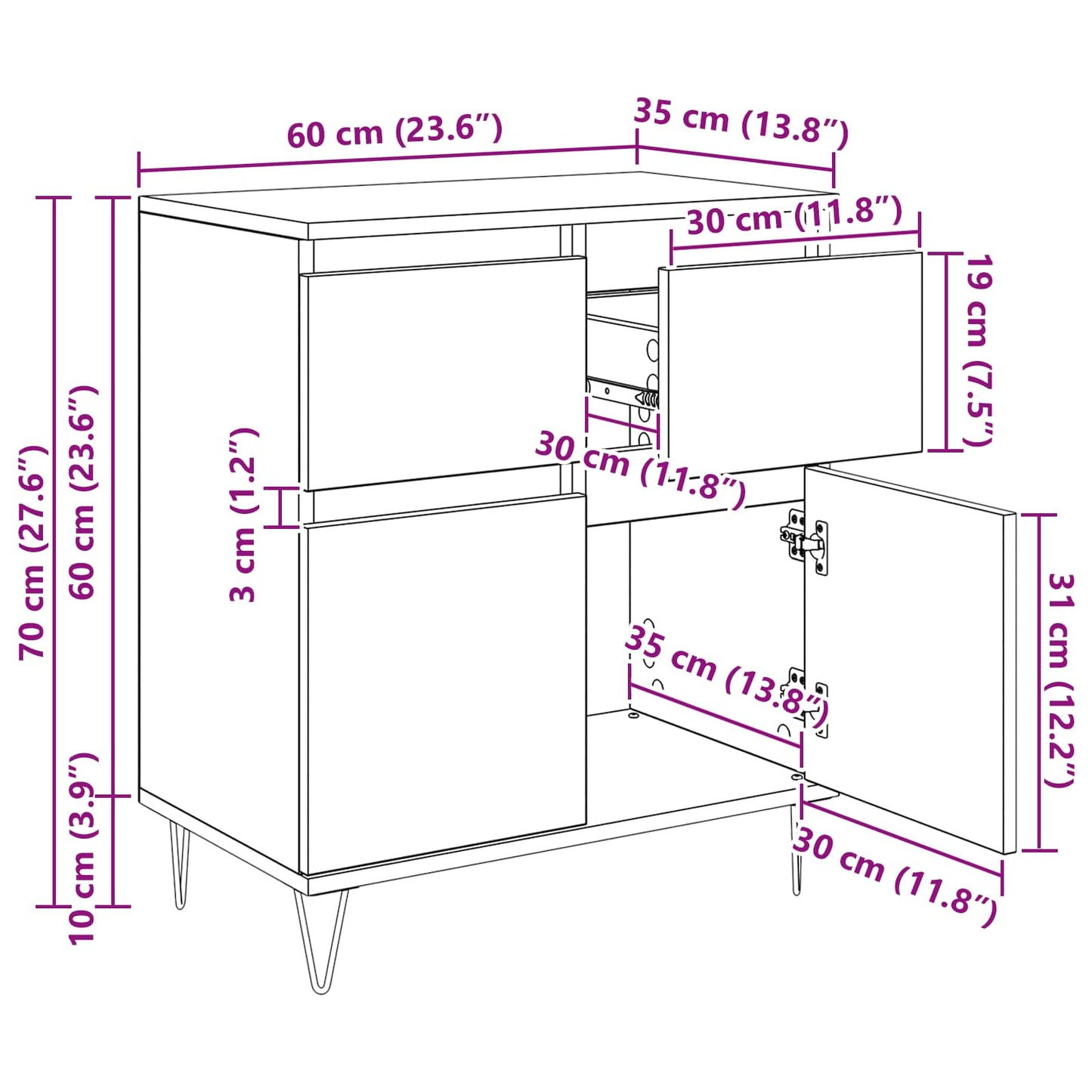 Sideboard Schwarz Eichen-Optik 60 x 35 x 70 cm