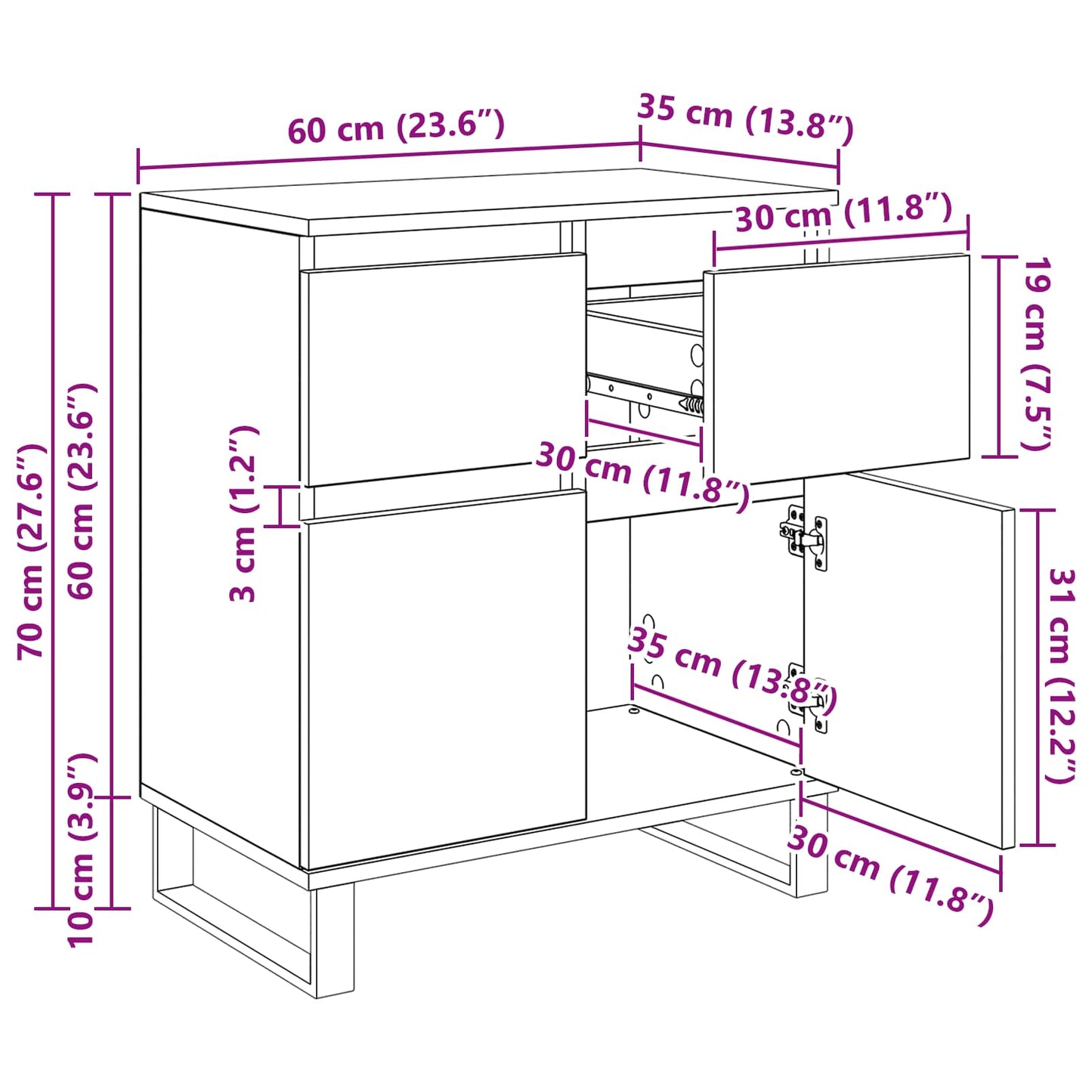 Sideboard Schwarz Eichen-Optik 60 x 35 x 70 cm