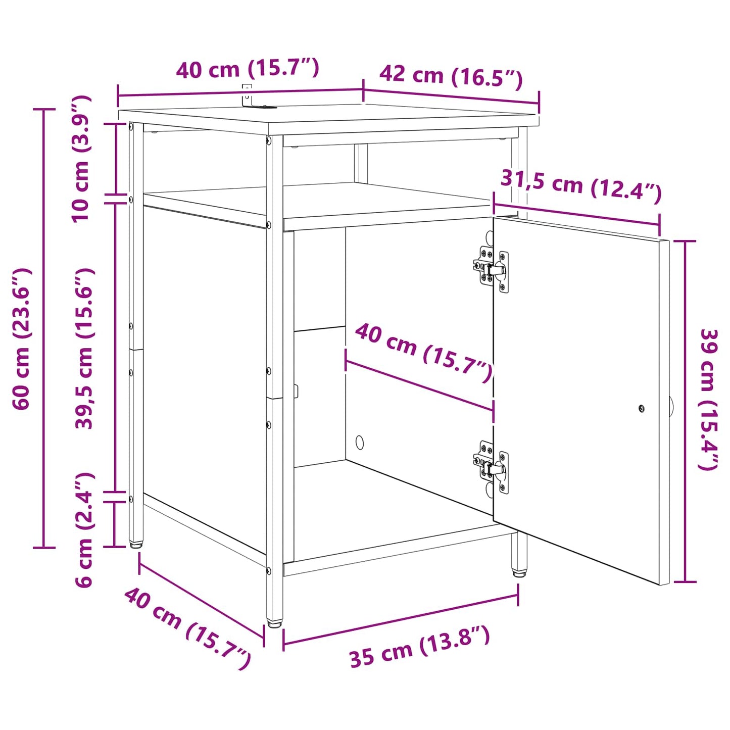 Nachttisch Schwarz Eichen-Optik 40 x 42 x 60cm Holzwerkstoff