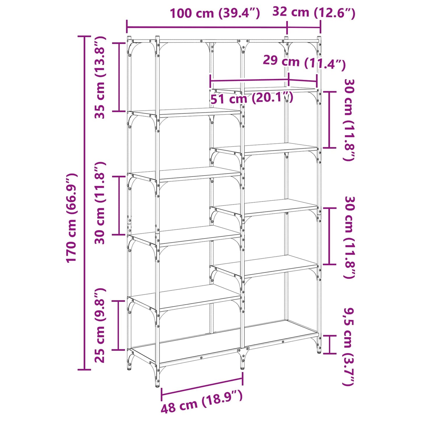 Regal 9 Ebenen 100 x 32 x 170 cm Holzwerkstoff Artisan-Eiche