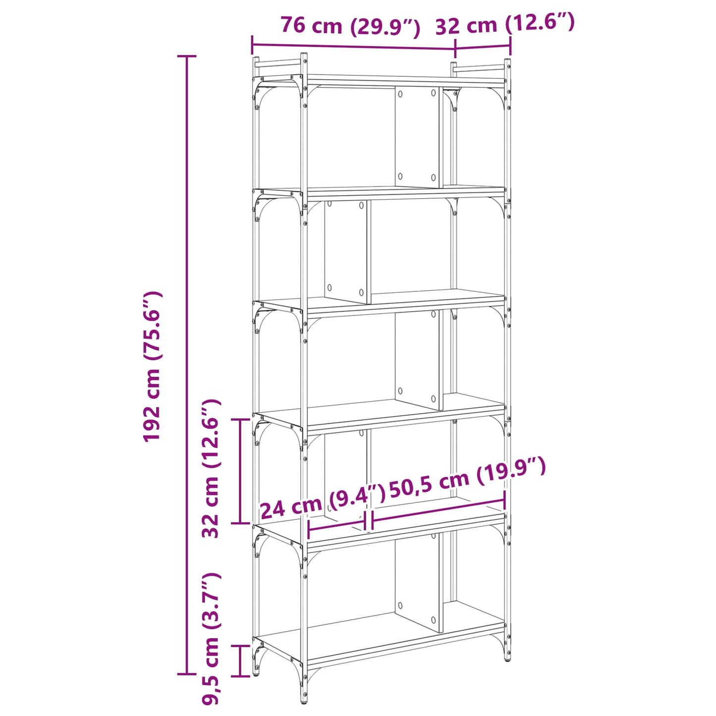 Bücherregal 5 Ebenen 76 x 32 x 192 cm Holzwerkstoff