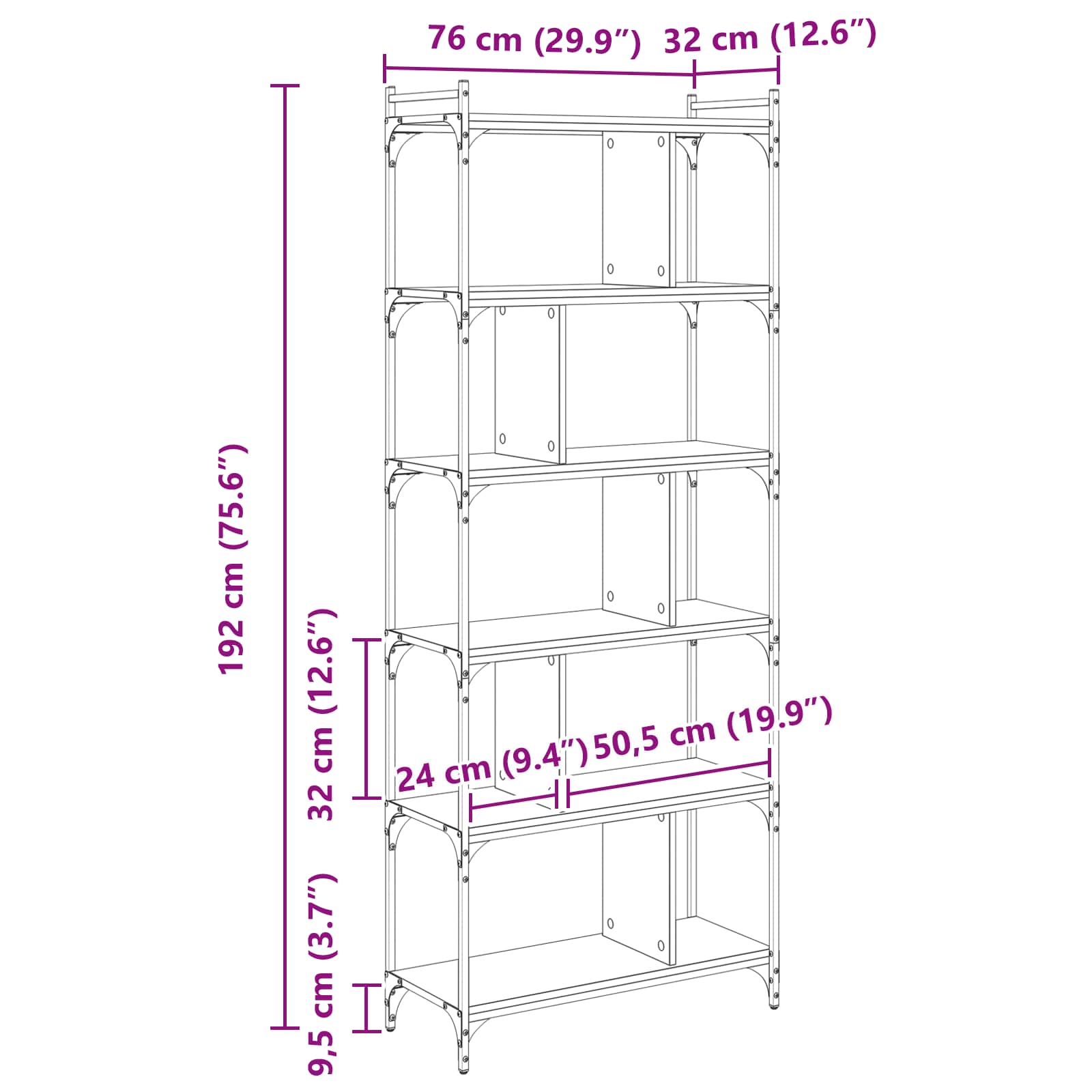 Bücherregal 5 Ebenen 76 x 32 x 192 cm Holzwerkstoff