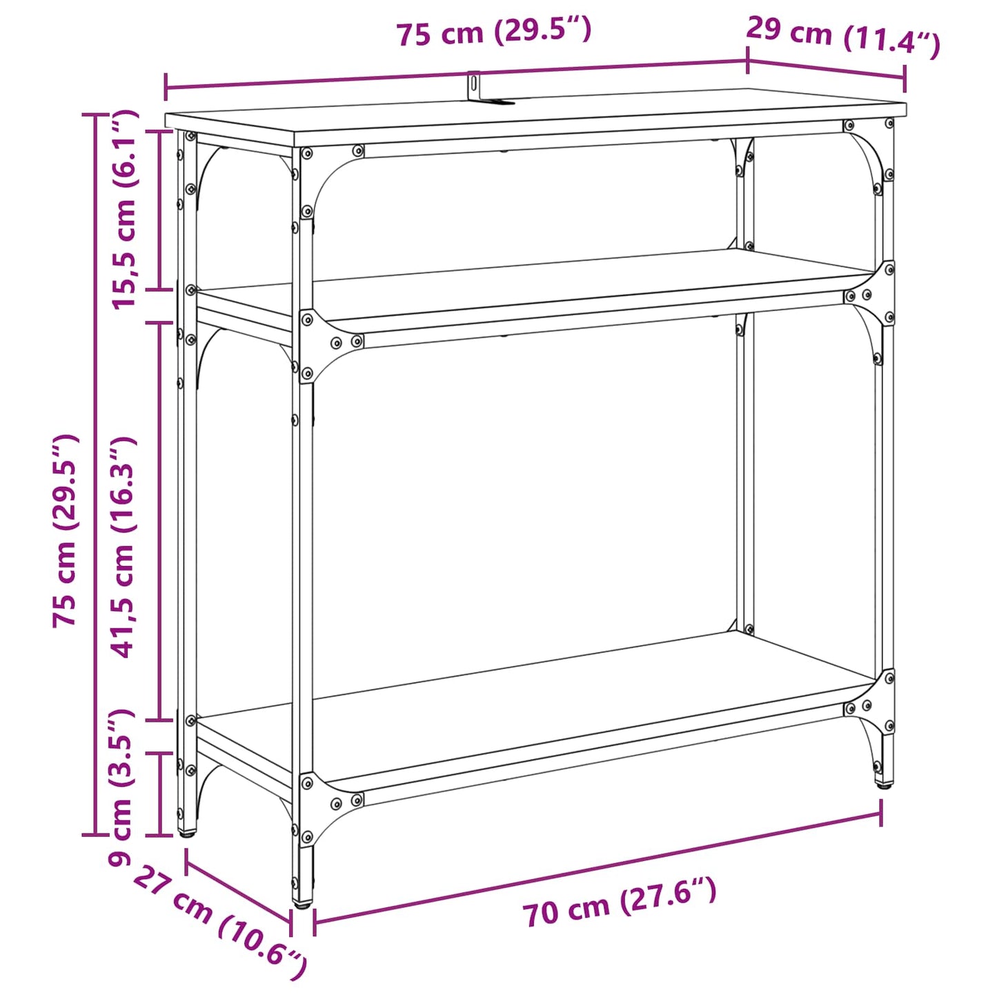 Konsolentisch Schwarz Eichen-Optik 75 x 29 x 75 cm