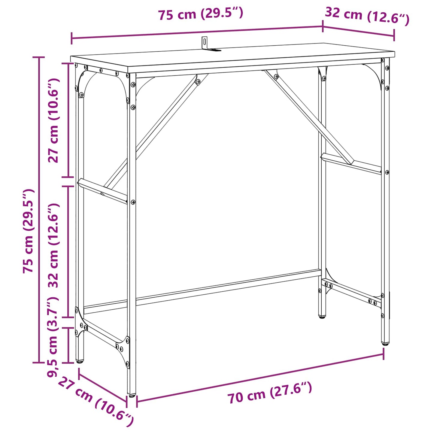 Konsolentisch Schwarz Eichen-Optik 75 x 32 x 75 cm