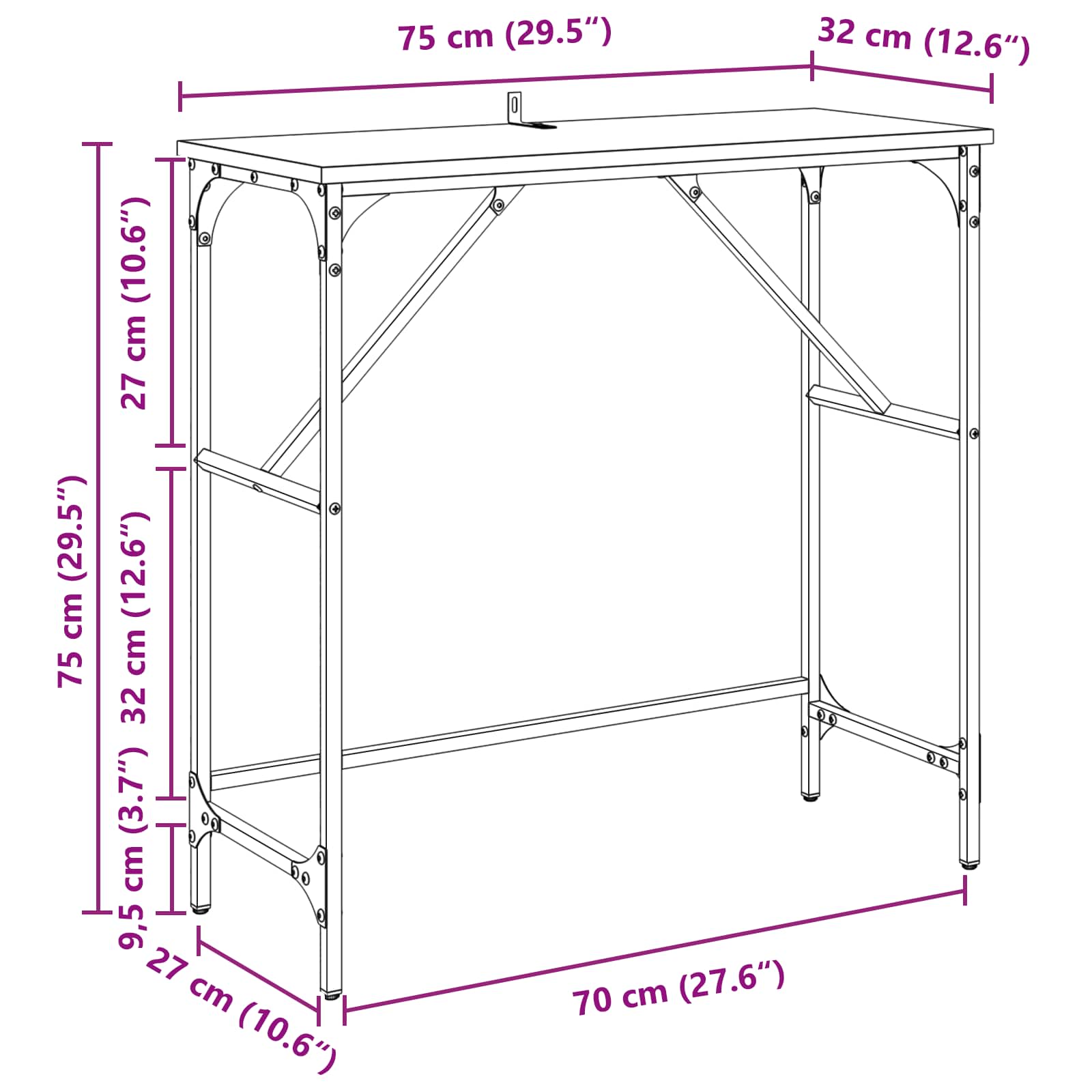 Konsolentisch Schwarz Eichen-Optik 75 x 32 x 75 cm