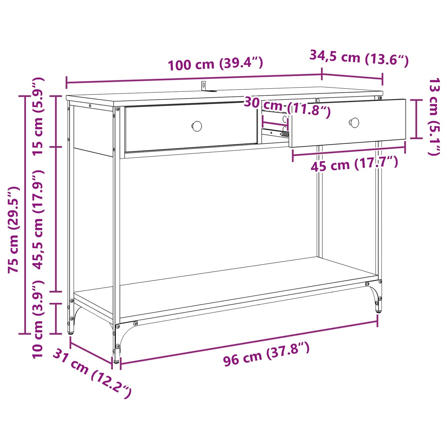 Konsolentisch Altholz 100 x 34,5 x 75 cm Holzwerkstoff