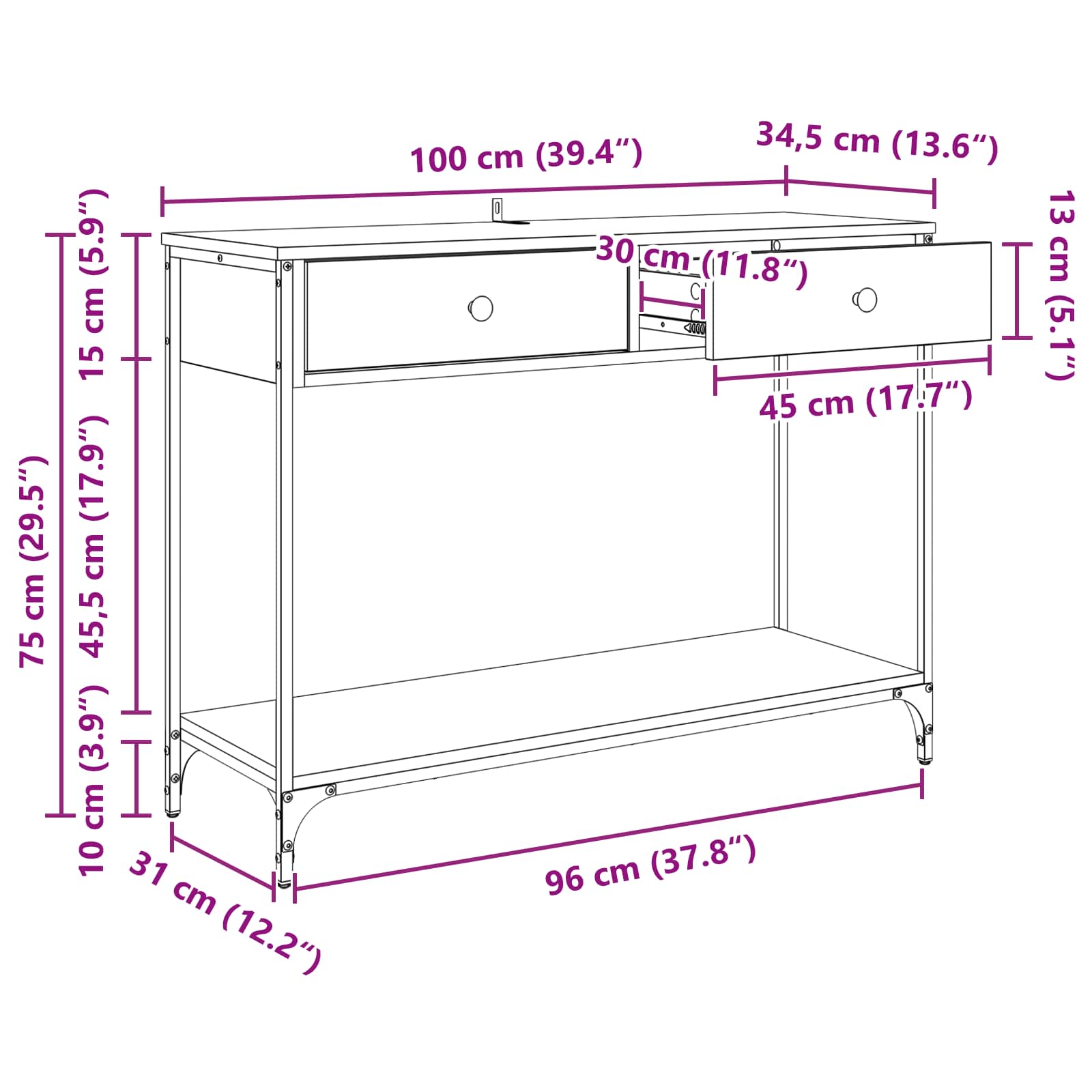 Konsolentisch Altholz 100 x 34,5 x 75 cm Holzwerkstoff