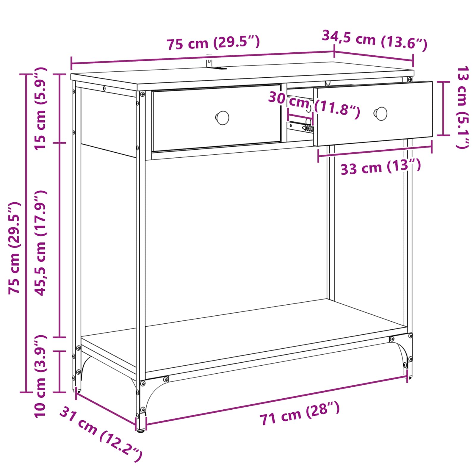 Konsolentisch Altholz 75 x 34,5 x 75 cm Holzwerkstoff