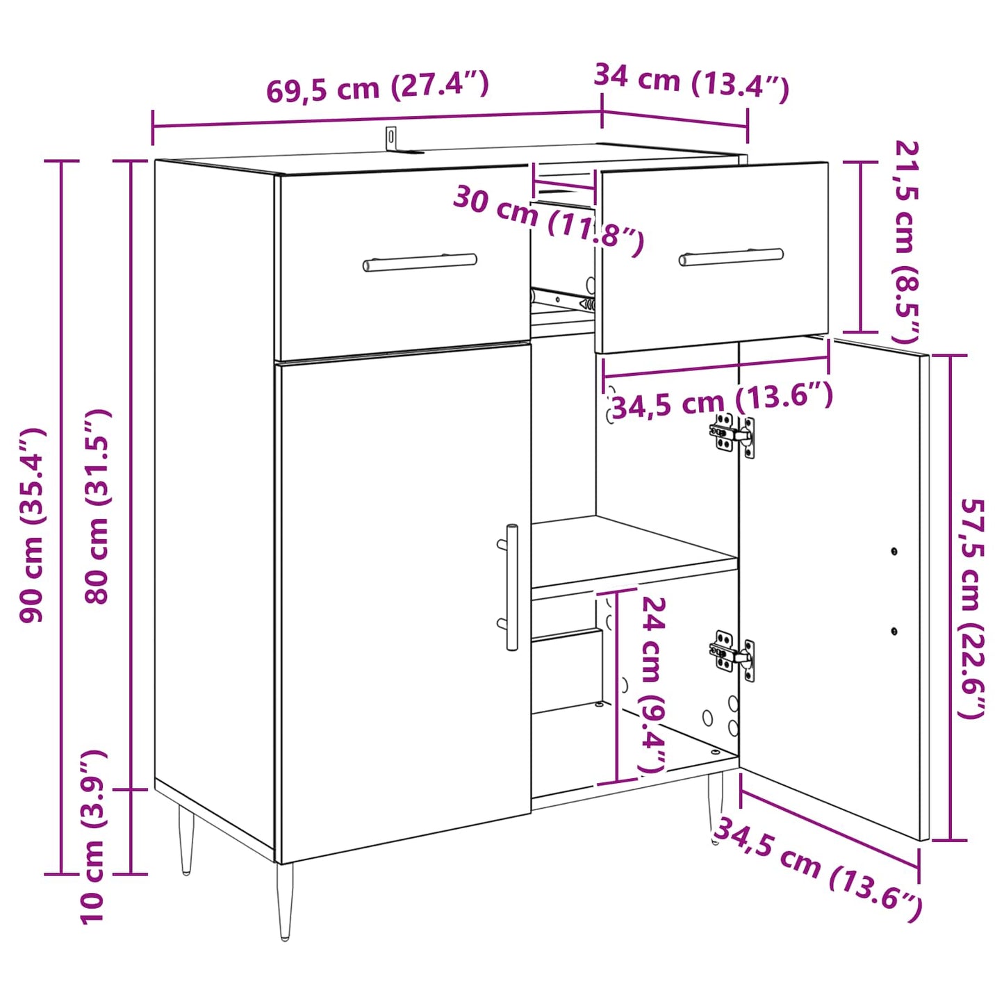 Sideboard Altholz 69,5 x 34 x 90 cm Holzwerkstoff