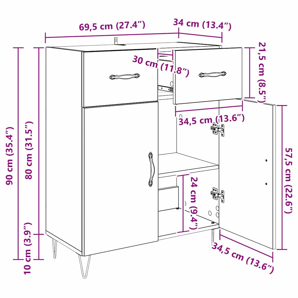 Sideboard Artisan-Eiche 69,5 x 34 x 90 cm Holzwerkstoff