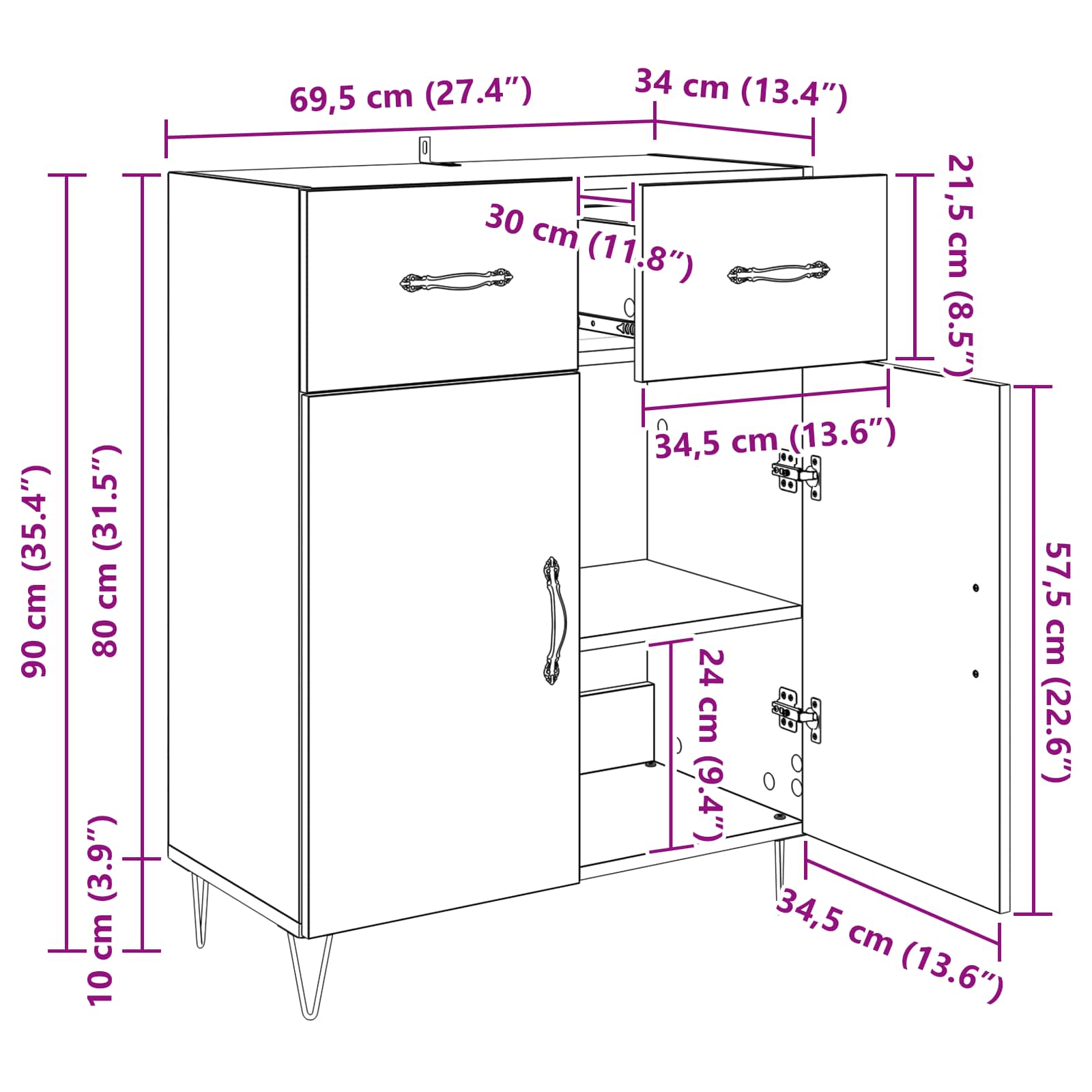 Sideboard Artisan-Eiche 69,5 x 34 x 90 cm Holzwerkstoff