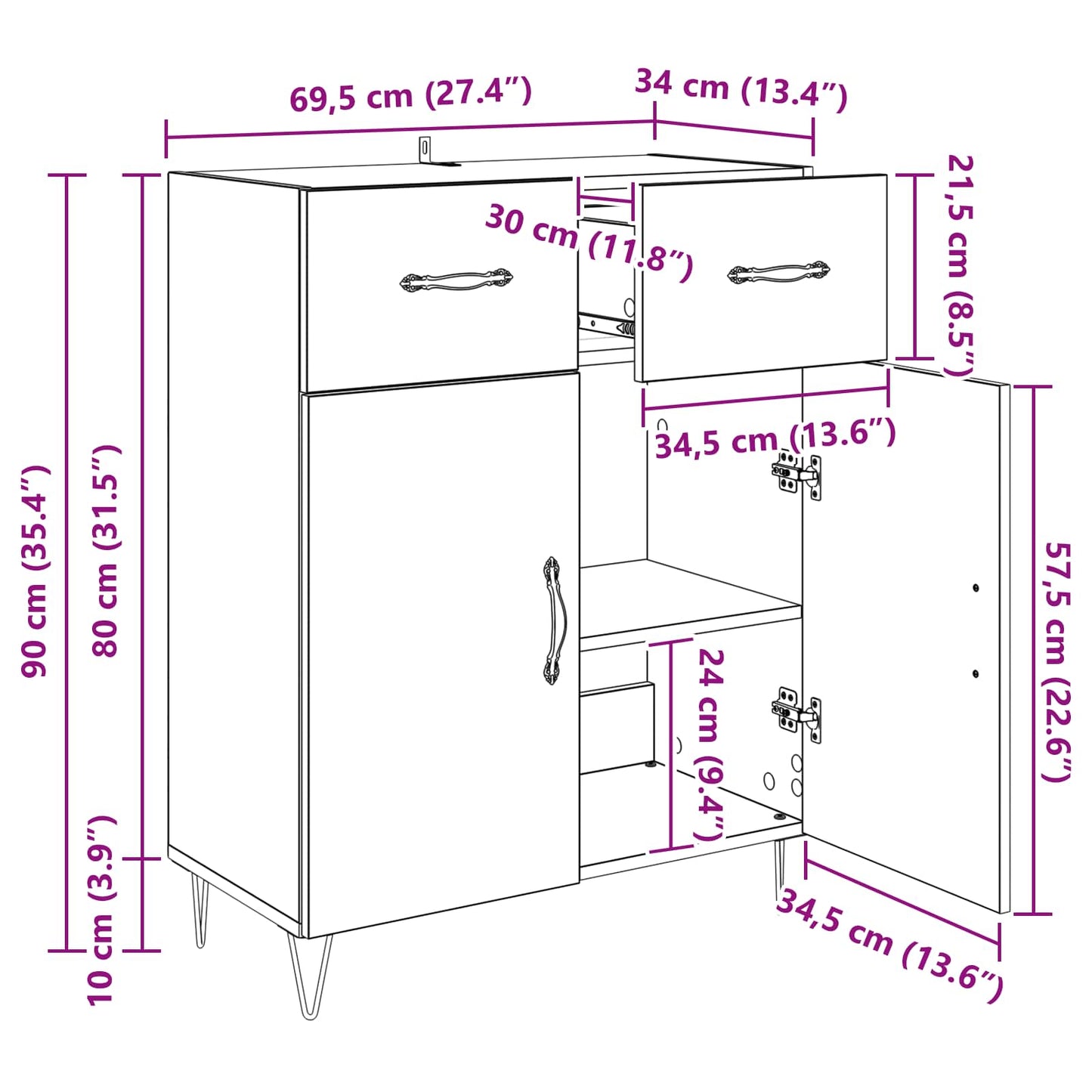 Sideboard Schwarz Eichen-Optik 69,5 x 34 x 90 cm Holzwerkstoff