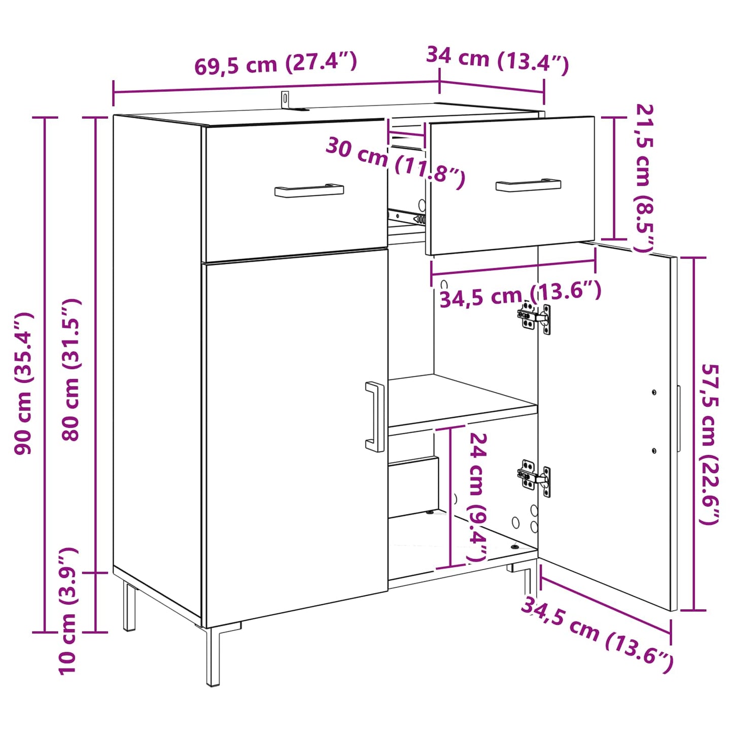 Sideboard Artisan-Eiche 69,5 x 34 x 90 cm Holzwerkstoff