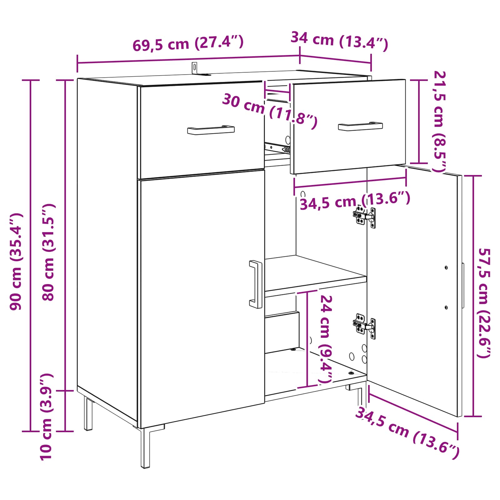 Sideboard Artisan-Eiche 69,5 x 34 x 90 cm Holzwerkstoff