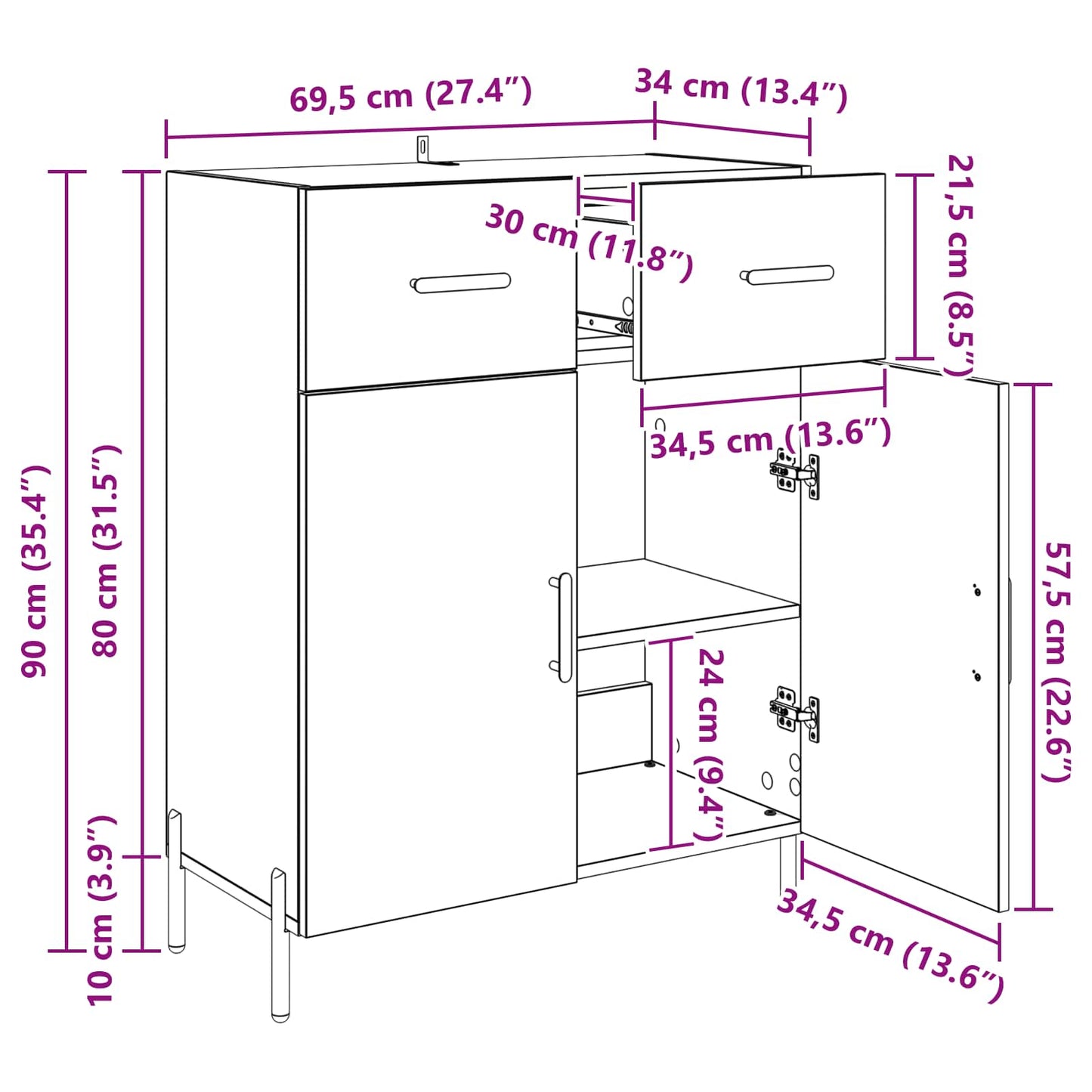 Sideboard Schwarz Eichen-Optik 69,5 x 34 x 90 cm Holzwerkstoff