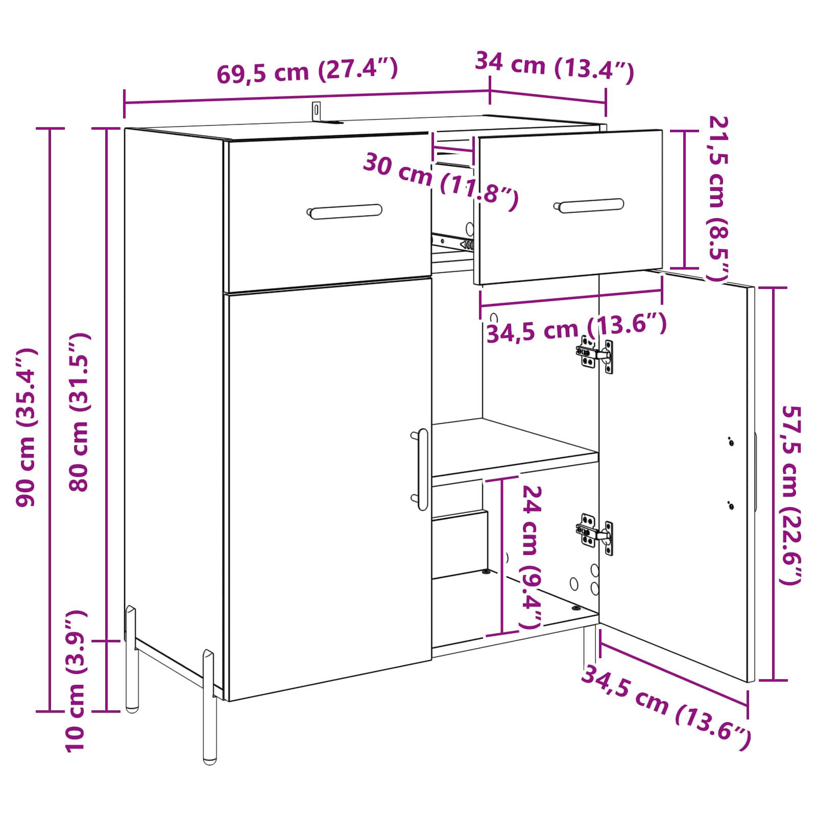 Sideboard Schwarz Eichen-Optik 69,5 x 34 x 90 cm Holzwerkstoff