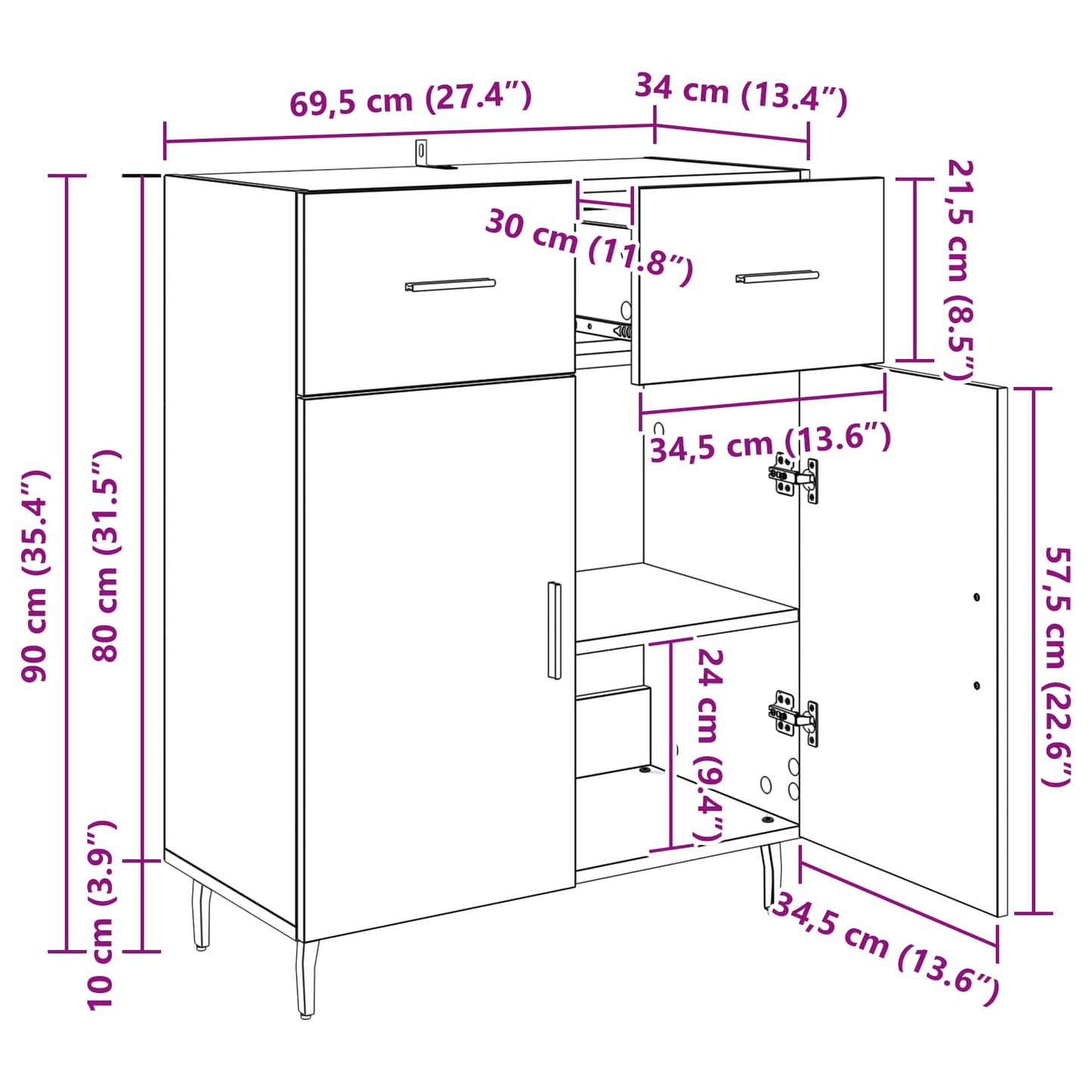 Sideboard Altholz 69,5 x 34 x 90 cm Holzwerkstoff