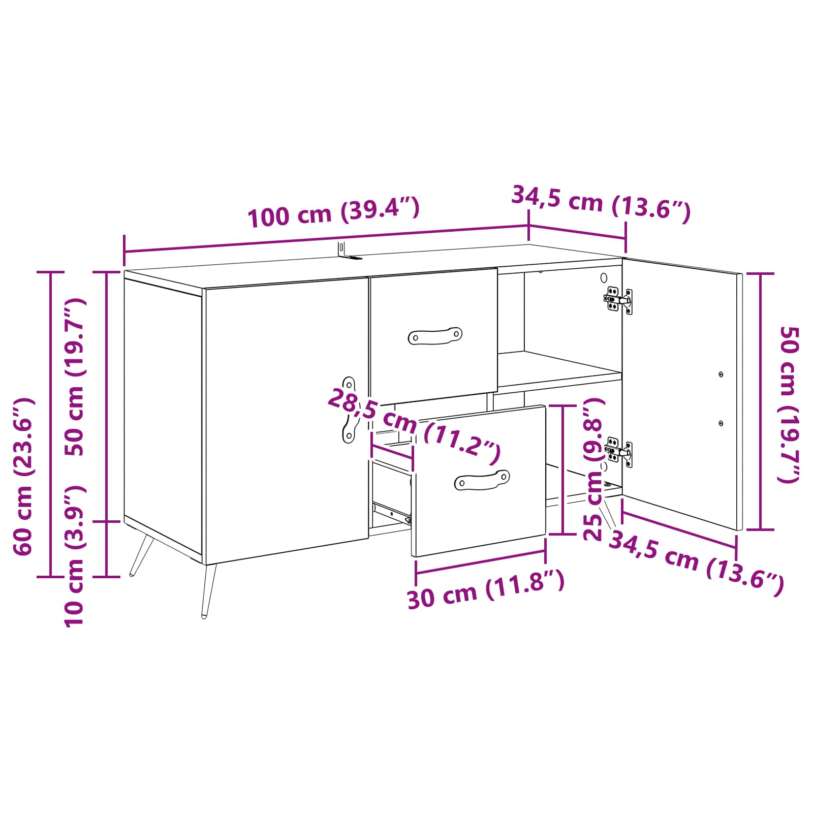 Sideboard Schwarz Eichen-Optik 100 x 36 x 60 cm Holzwerkstoff