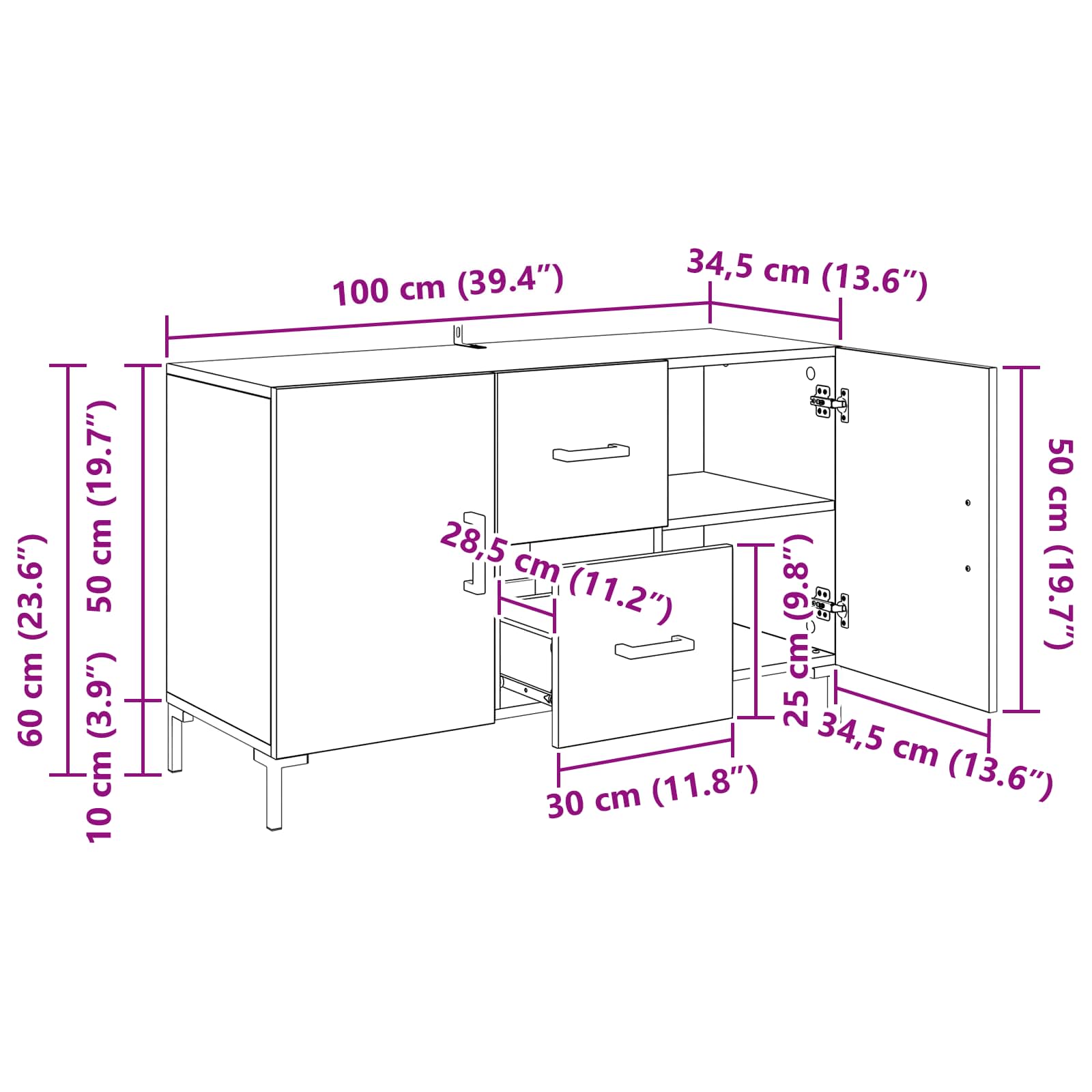 Sideboard Schwarz Eichen-Optik 100 x 36 x 60 cm Holzwerkstoff