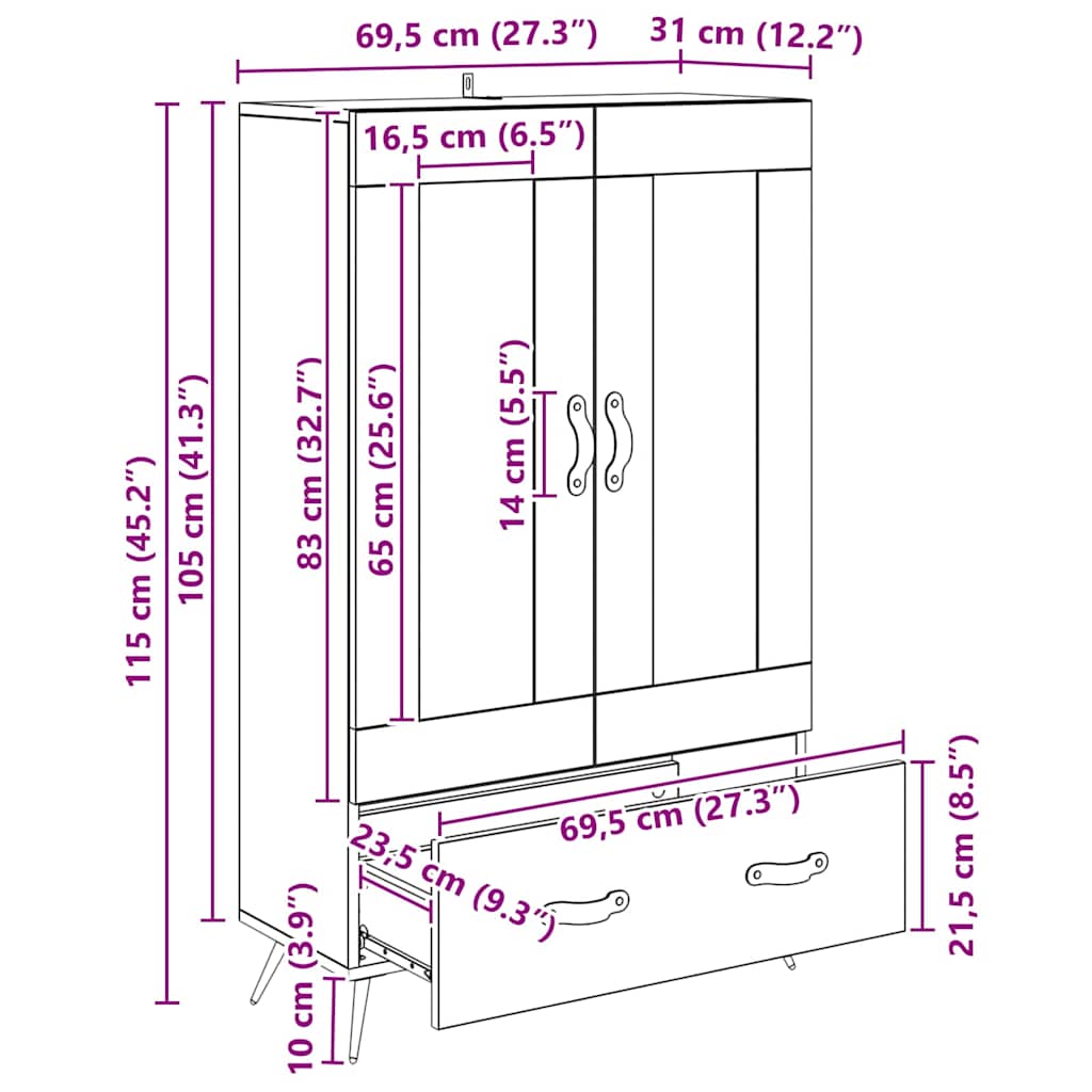 Highboard Altholz 69,5 x 31 x 115 cm Engineered Wood und Glas