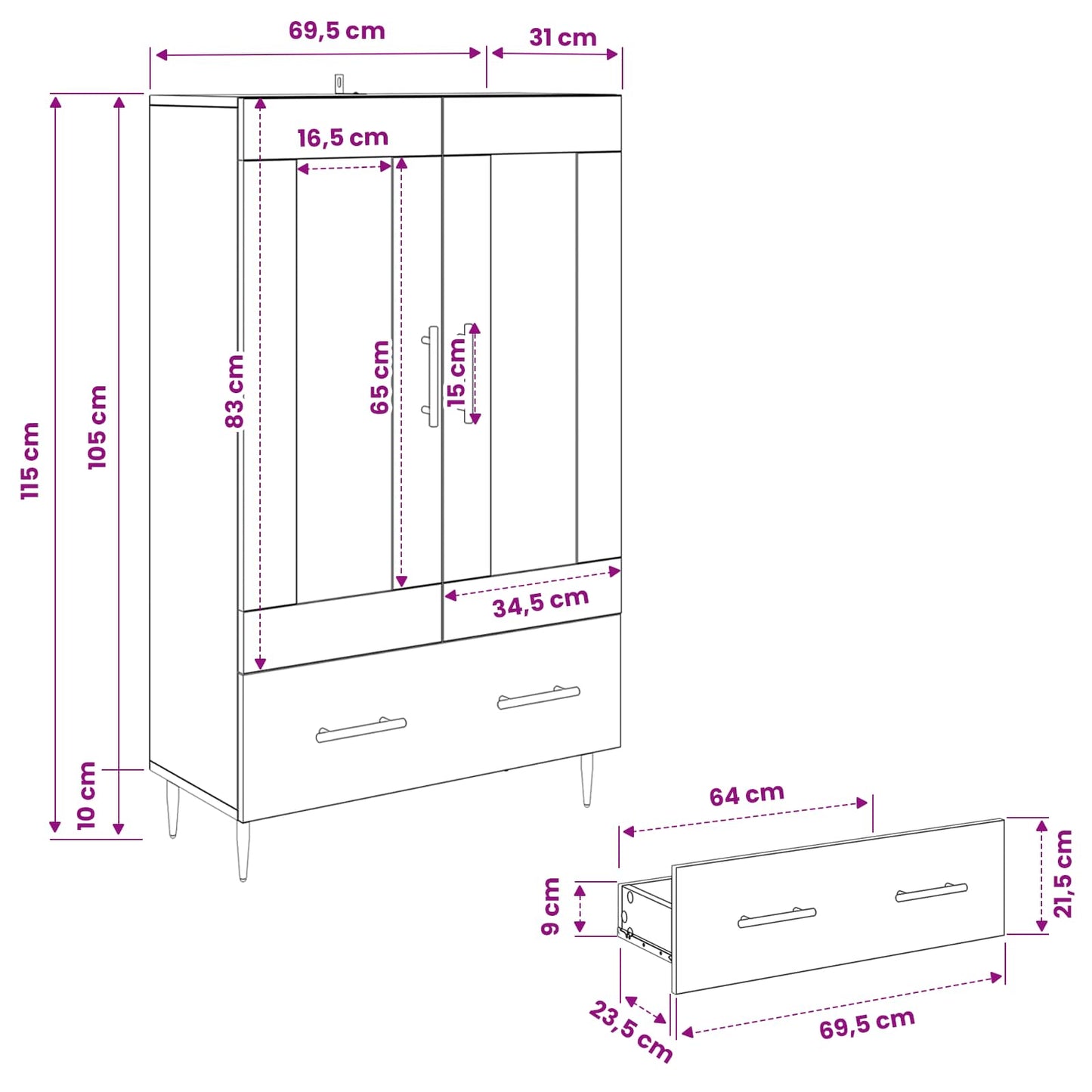 Highboard Altholz 69,5 x 31 x 115 cm Engineered Wood und Glas