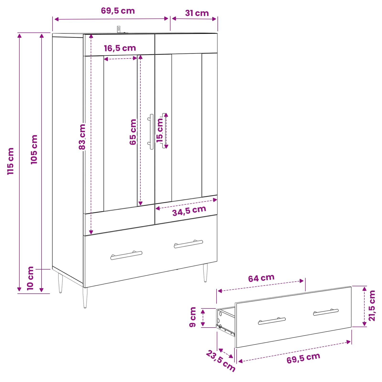 Highboard Altholz 69,5 x 31 x 115 cm Engineered Wood und Glas