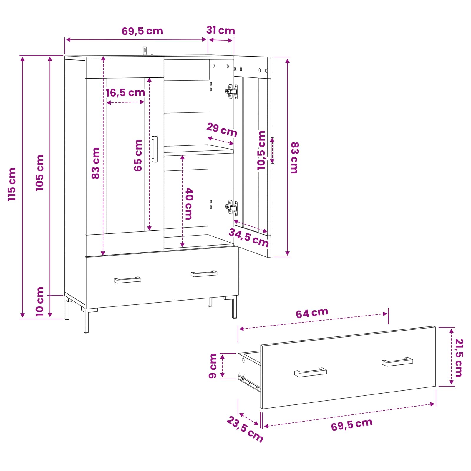 Highboard Altholz 69,5 x 31 x 115 cm Holzwerkstoff