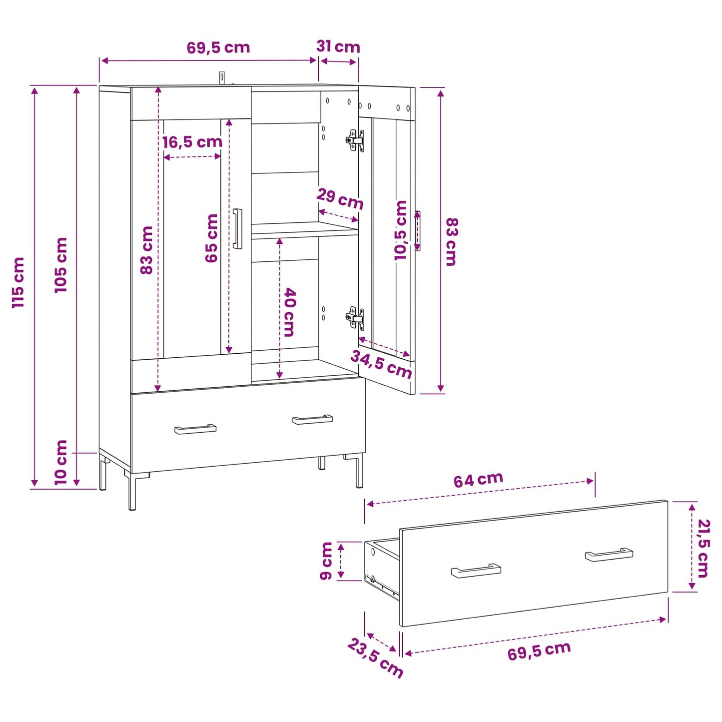 Highboard Schwarz Eichen-Optik 69,5 x 31 x 115 cm Holzwerkstoff