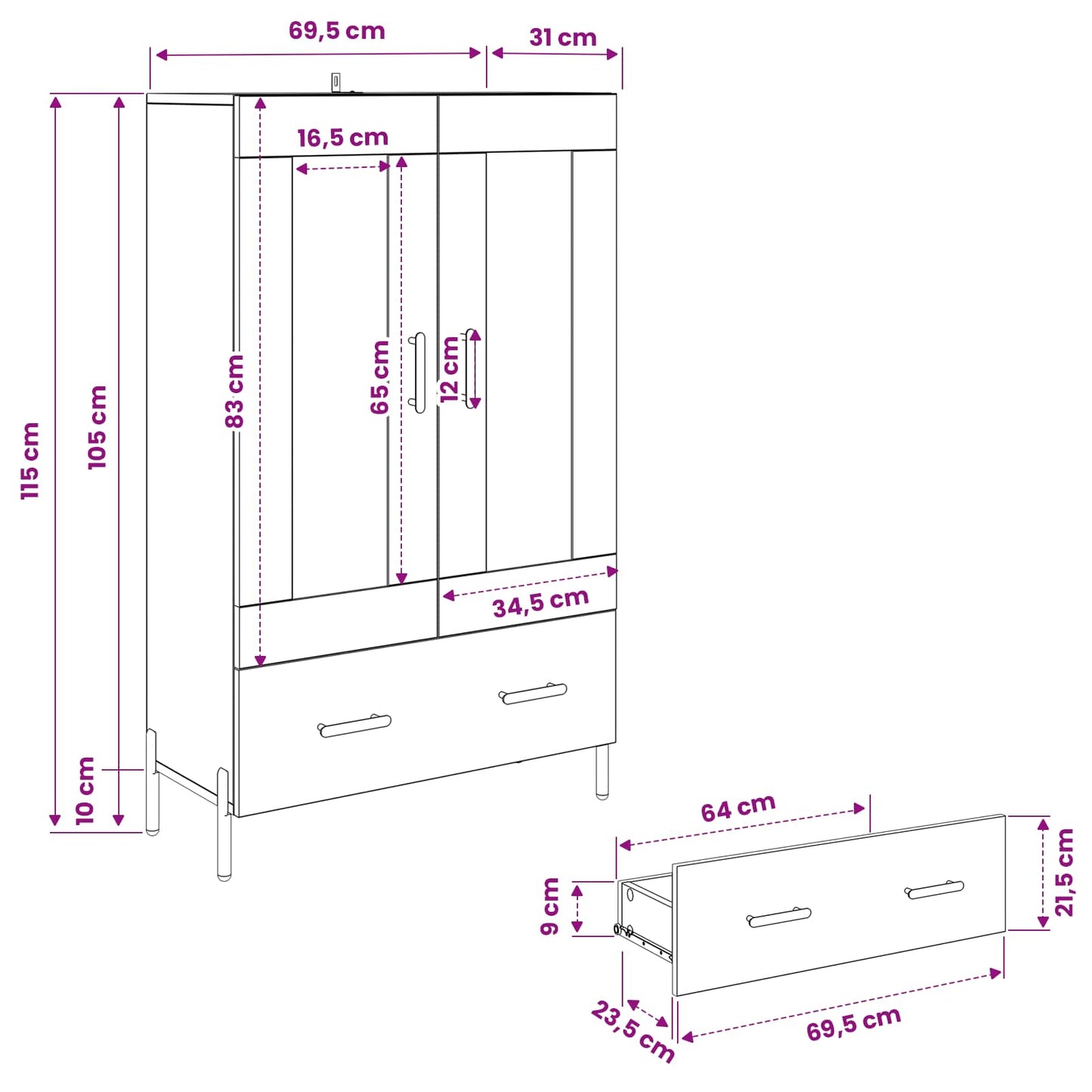 Highboard CORONA Altholz 69,5 x 31 x 115 cm Holzwerkstoff