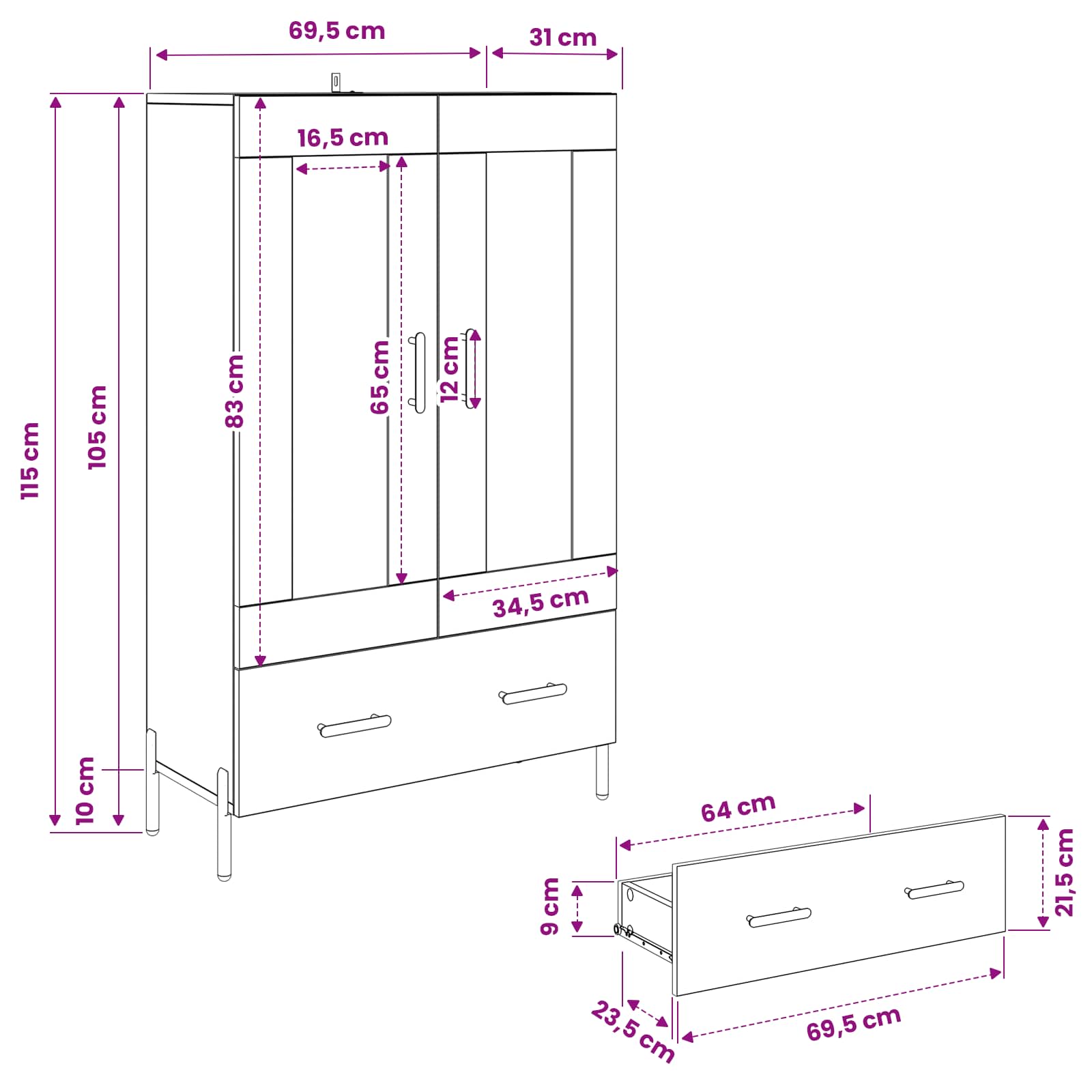 Highboard CORONA Artisan-Eiche 69,5 x 31 x 115 cm Holzwerkstoff
