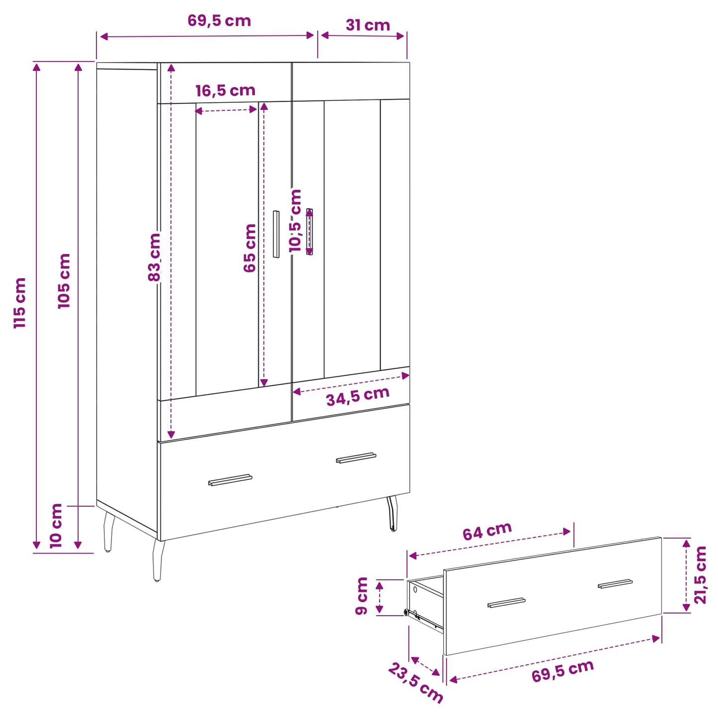 Highboard Altholz 69,5 x 31 x 115 cm Holzwerkstoff