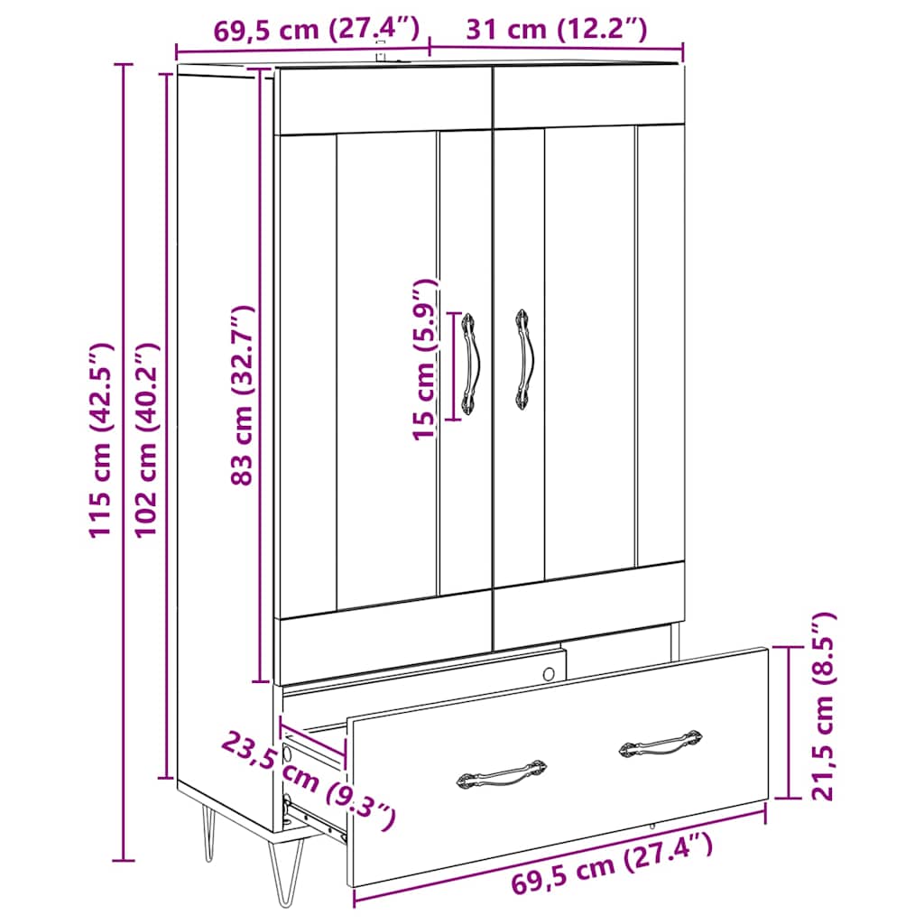 Highboard Schwarz Eichen-Optik 69,5 x 31 x 115 cm Holzwerkstoff