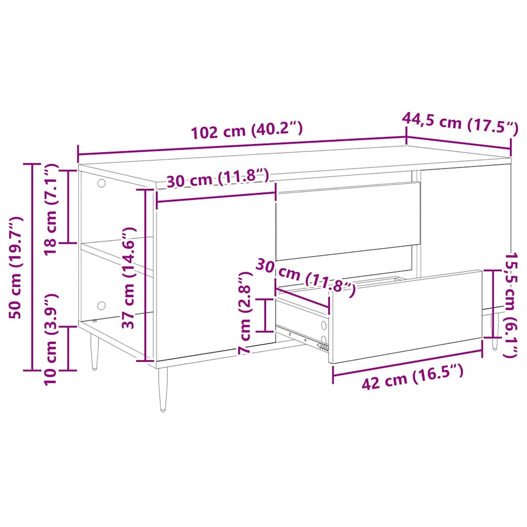 Couchtisch Artisan-Eiche 102 x 44,5 x 50 cm Holzwerkstoff
