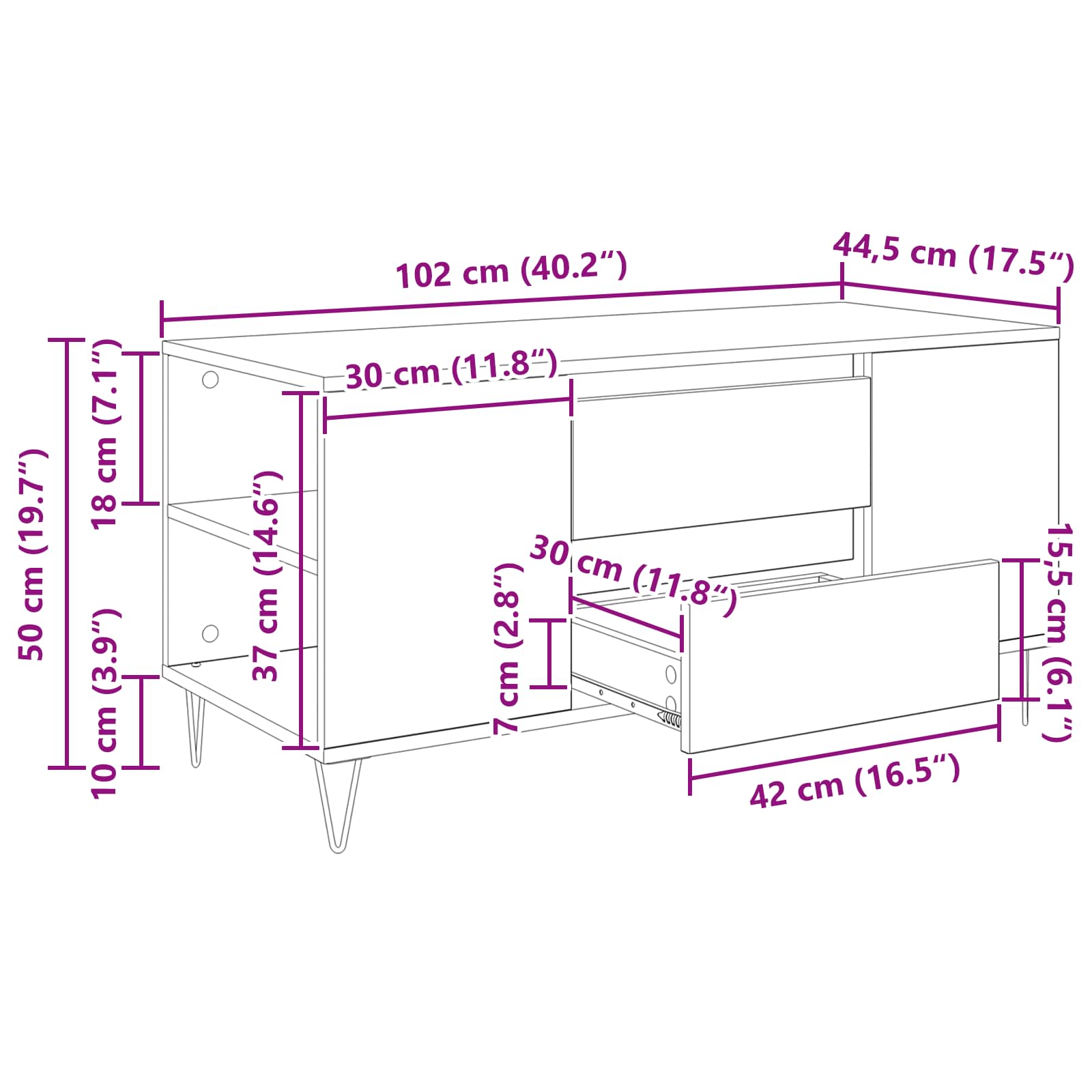 Couchtisch Schwarz Eichen-Optik 102 x 44,5 x 50 cm