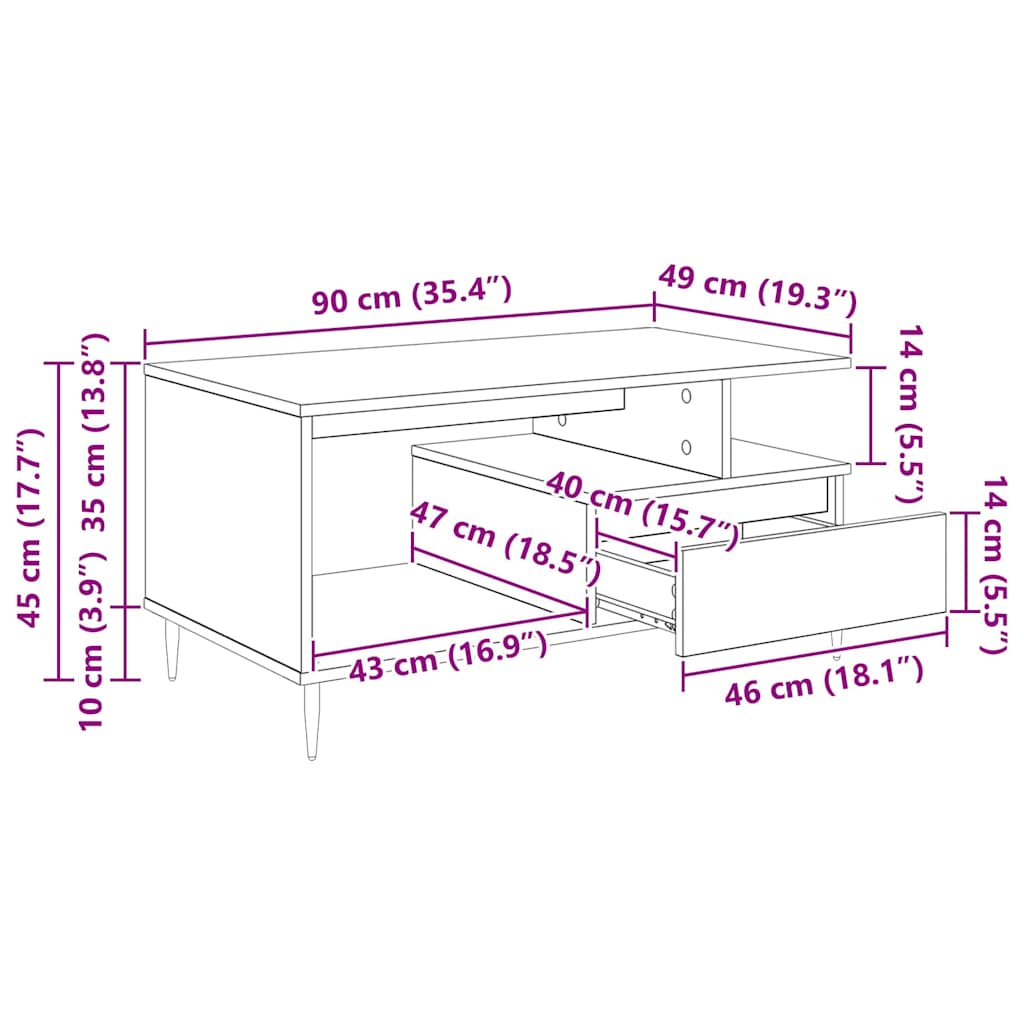 Couchtisch Schwarz Eichen-Optik 90 x 49 x 45 cm Holzwerkstoff