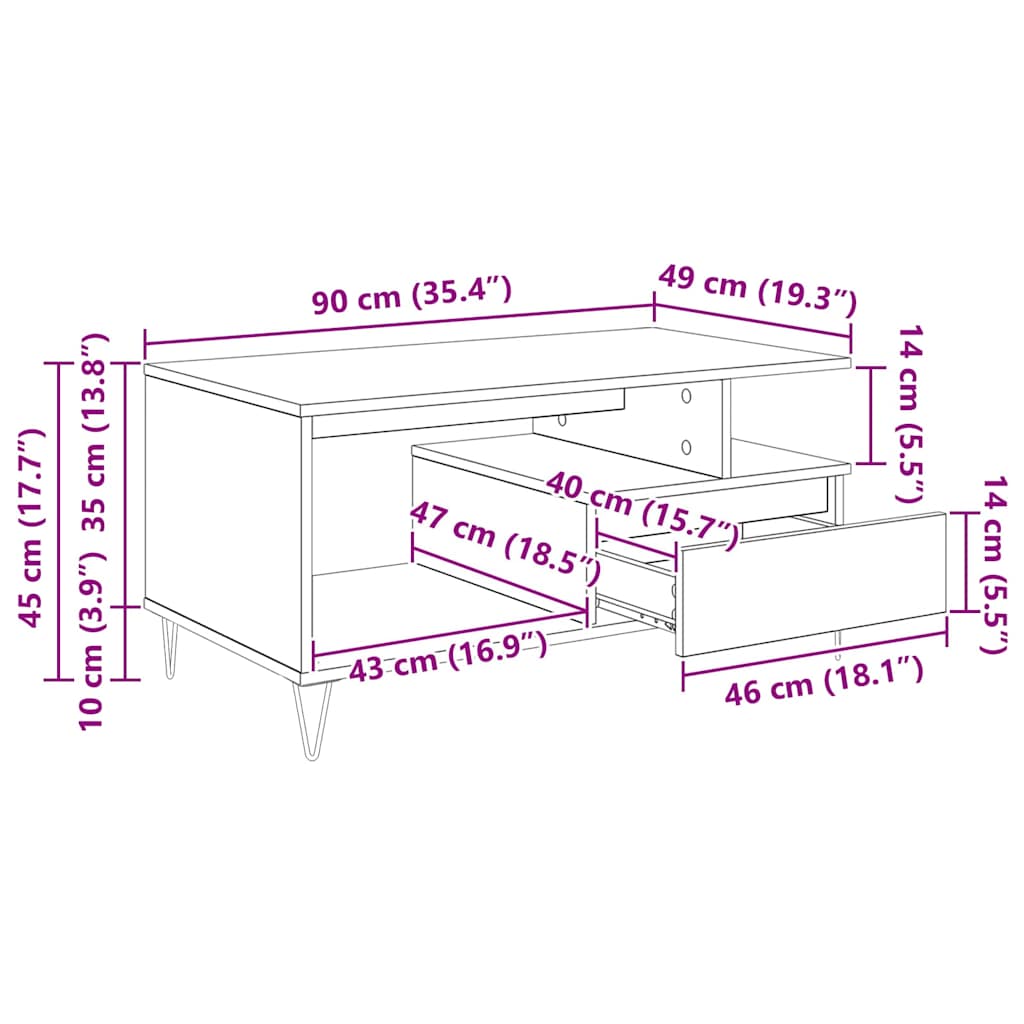 Couchtisch Schwarz Eichen-Optik 90 x 49 x 45 cm Holzwerkstoff
