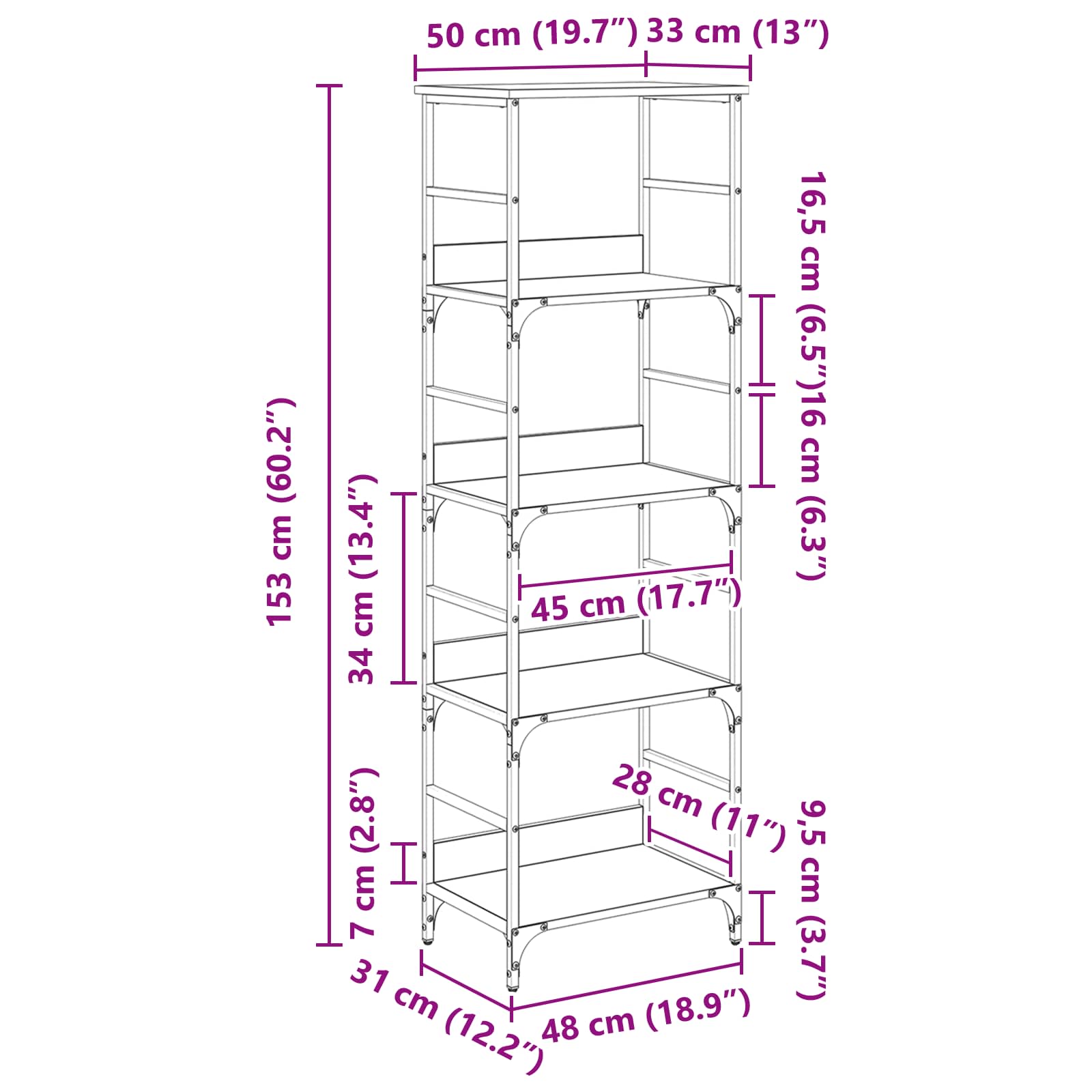 Bücherregal 4 Ebenen 50 x 33 x 153 cm Holzwerkstoff
